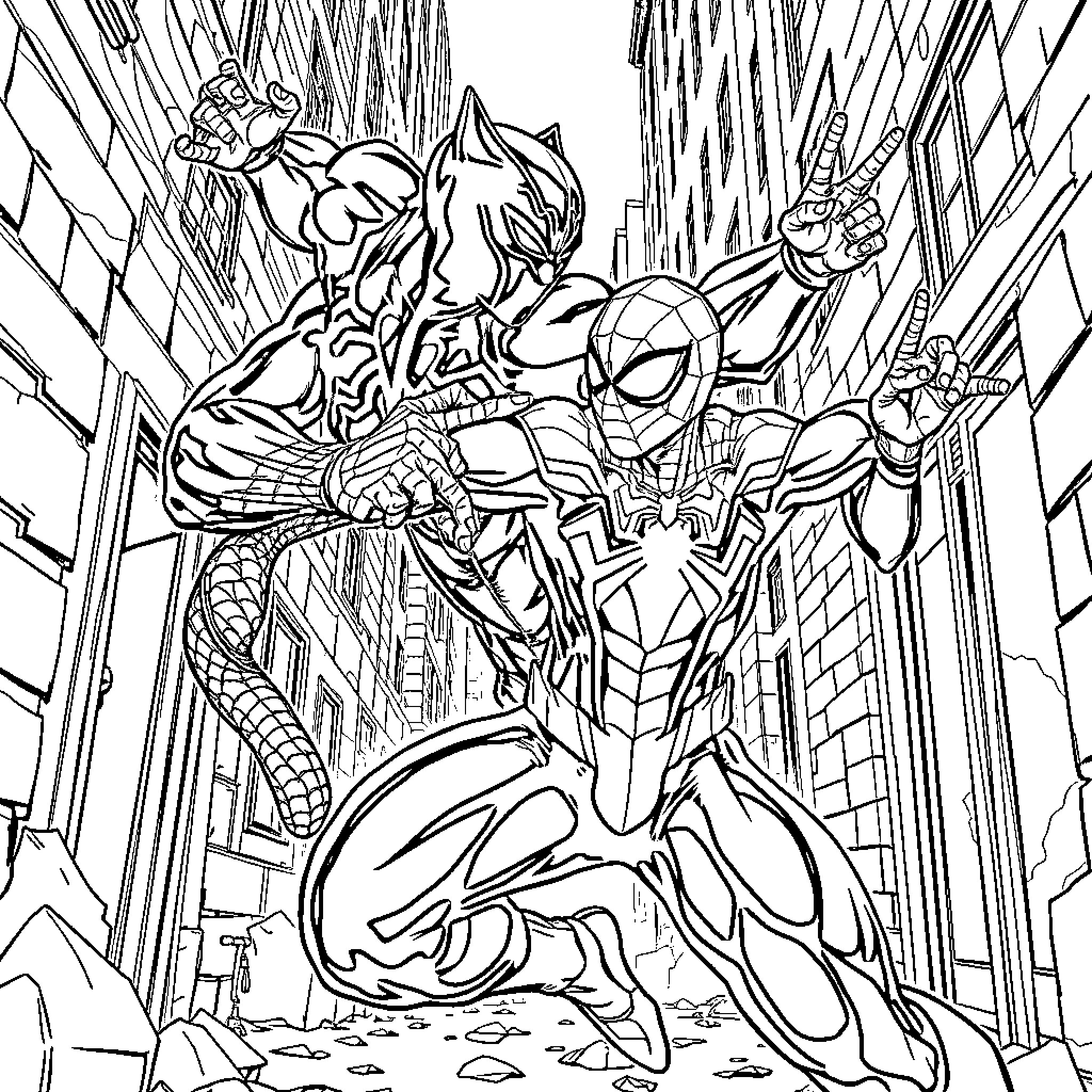Panther-themed superhero in action-packed urban scene Coloring Page (free black-and-white line drawing printable PDF for all, from beginners to advanced learners, including children, teens, adults, and seniors)