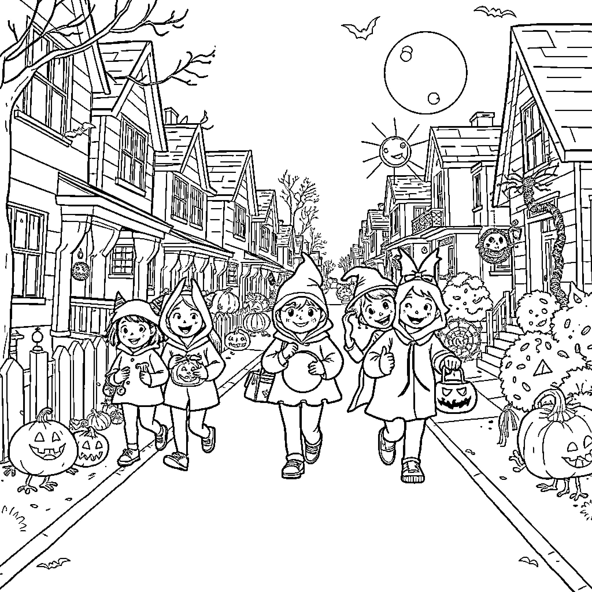 Kid characters trick-or-treating on Halloween night Coloring Page (free black-and-white line drawing printable PDF for all, from beginners to advanced learners, including children, teens, adults, and seniors)