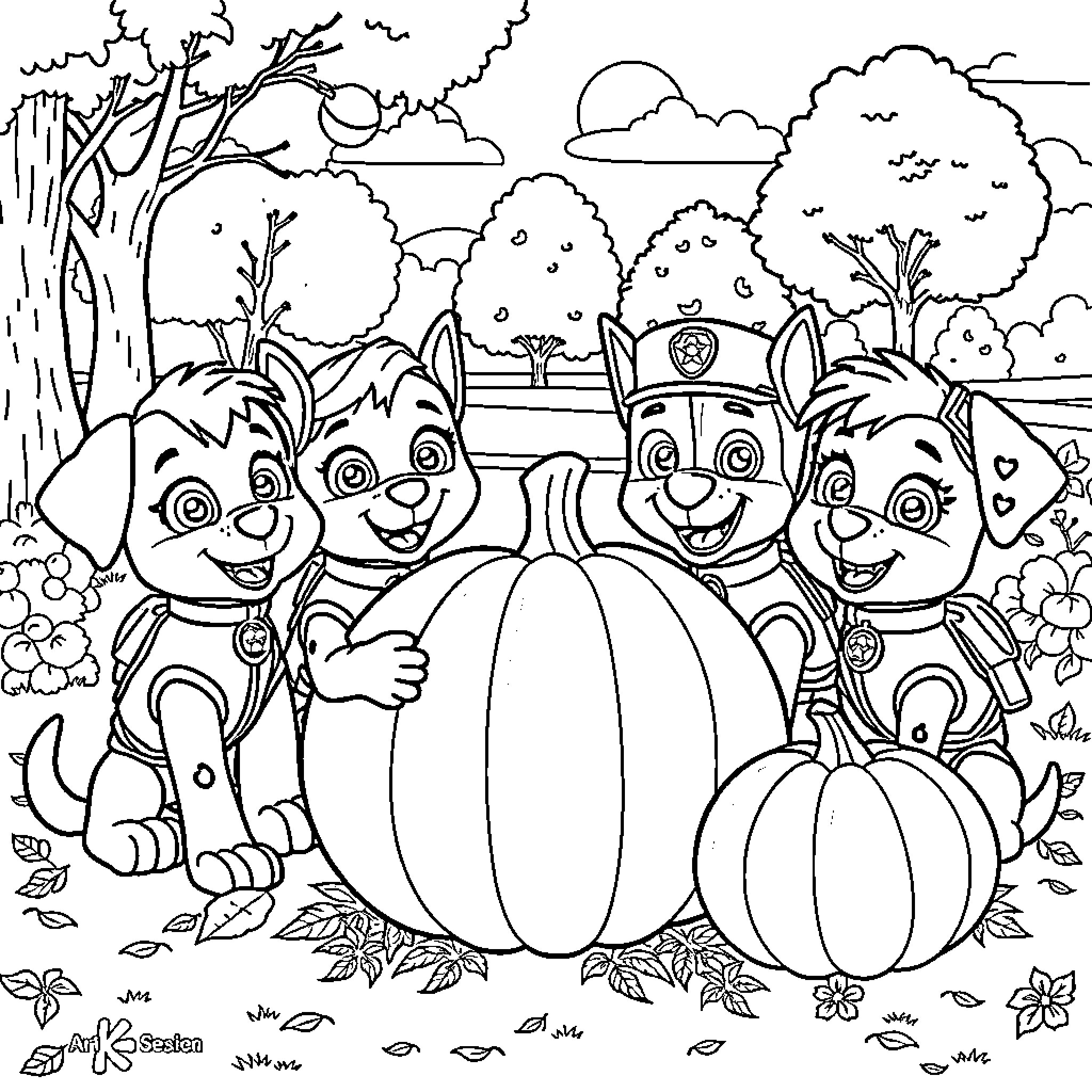 Paw Patrol Pups Explore Autumn Nature Coloring Page (free black-and-white line drawing printable PDF for all, from beginners to advanced learners, including children, teens, adults, and seniors)