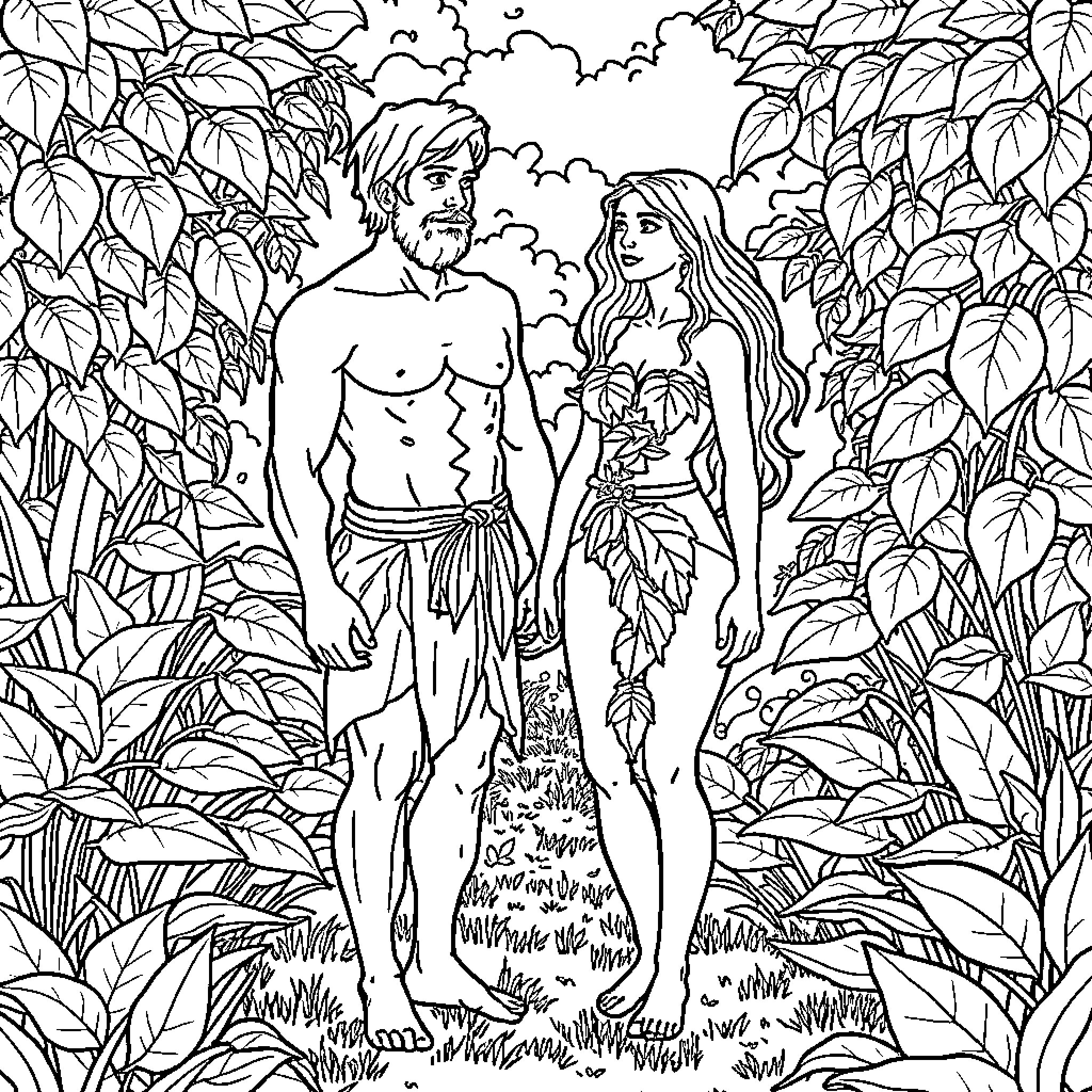 Adam and Eve exploring the Garden of Eden Coloring Page (free black-and-white line drawing printable PDF for all, from beginners to advanced learners, including children, teens, adults, and seniors)