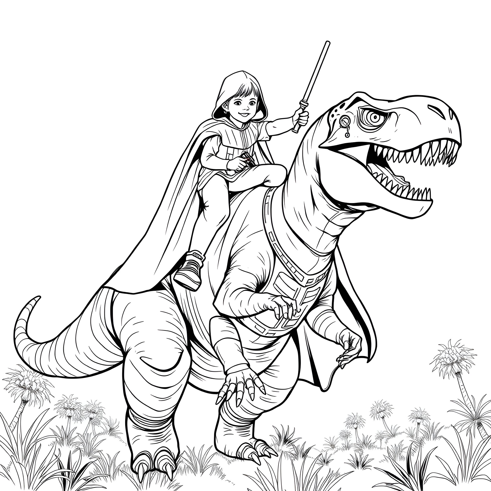 Skywalker Riding a Fierce Dinosaur in the Wilderness Coloring Page (free black-and-white line drawing printable PDF for all, from beginners to advanced learners, including children, teens, adults, and seniors)
