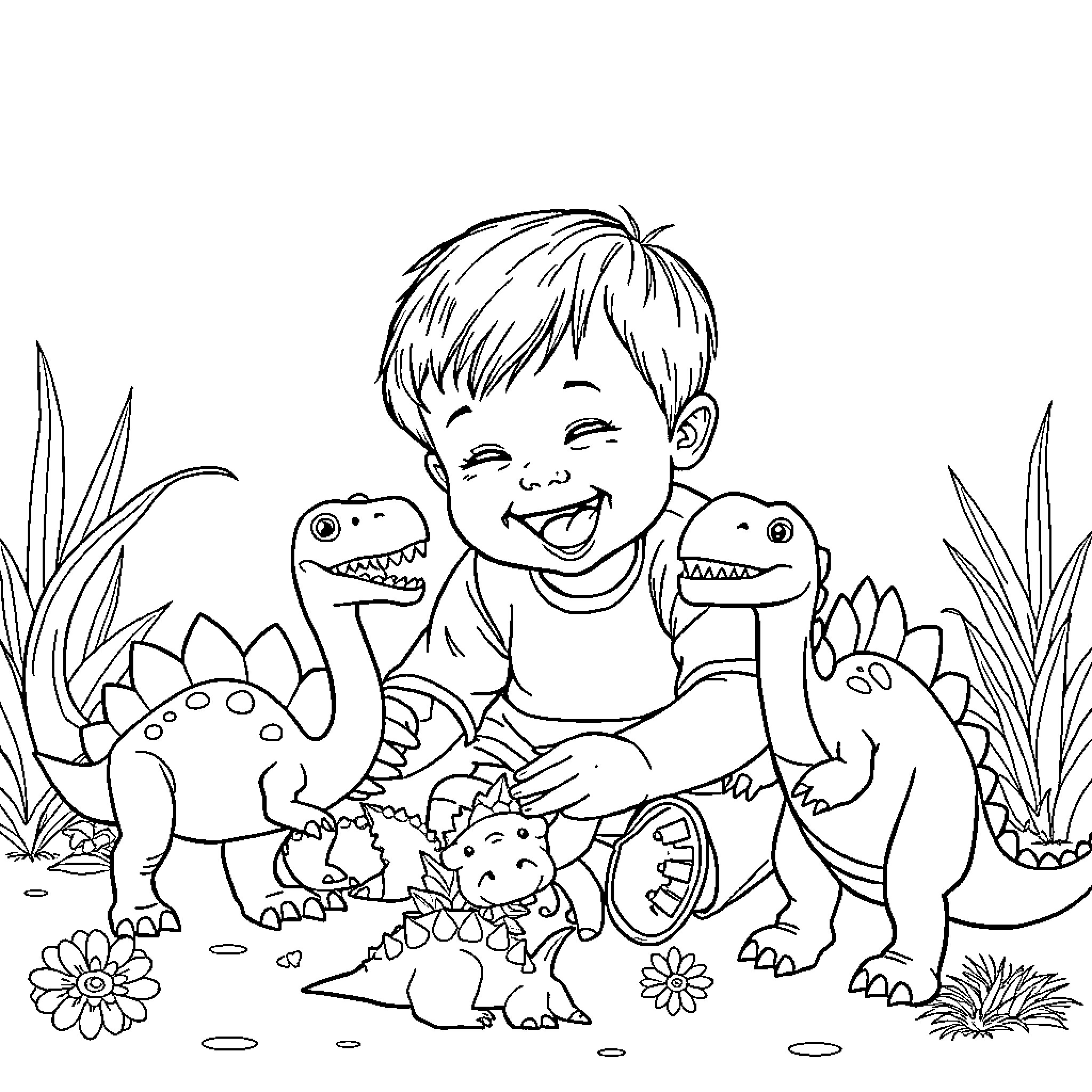 Child playing joyfully with dinosaur toys in nature Coloring Page (free black-and-white line drawing printable PDF for all, from beginners to advanced learners, including children, teens, adults, and seniors)