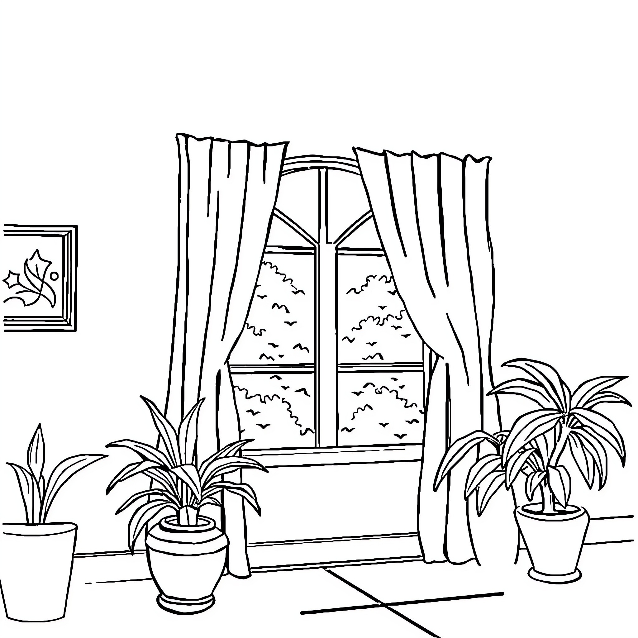 Light fills the serene indoor scene Coloring Page (free black-and-white line drawing printable PDF for all, from beginners to advanced learners, including children, teens, adults, and seniors)