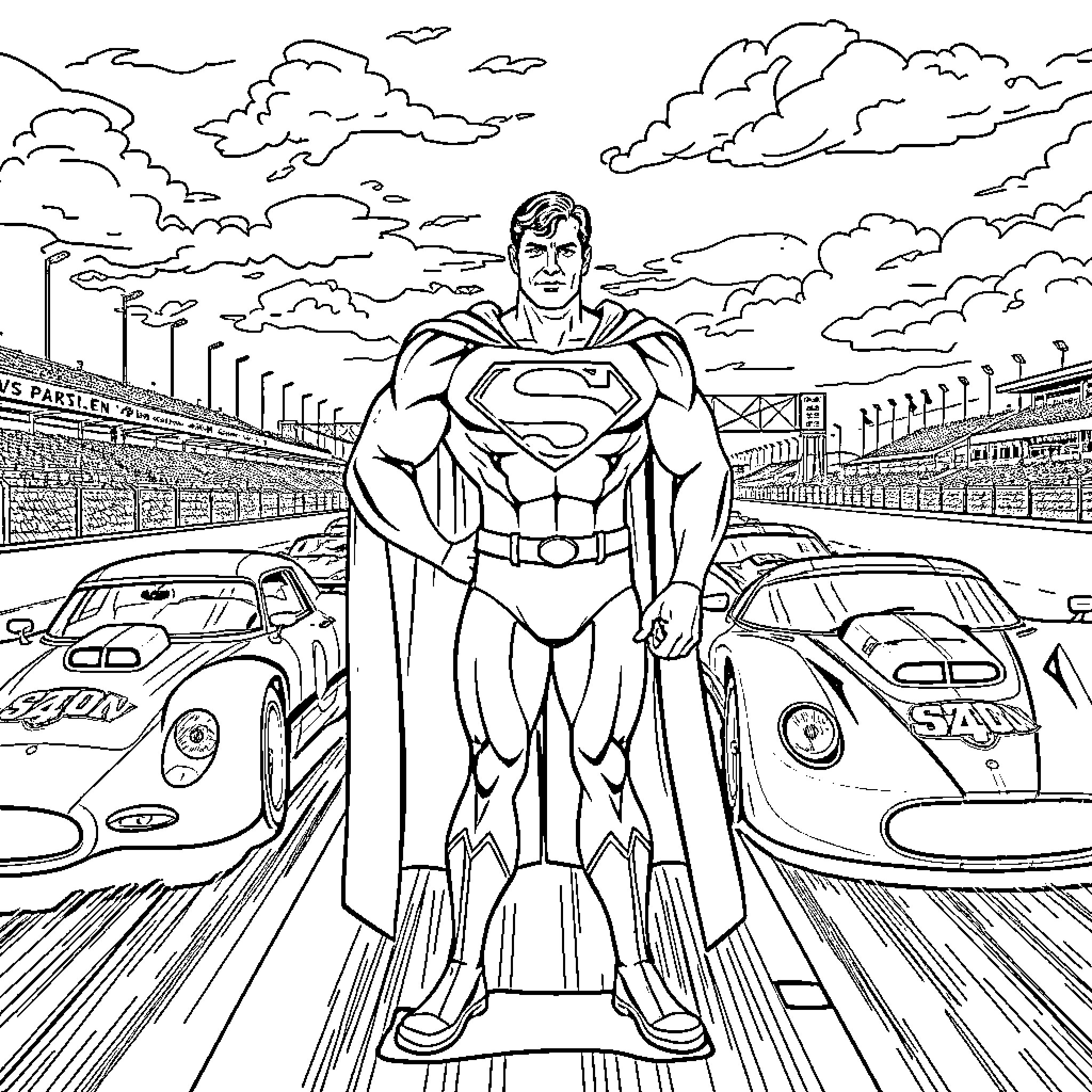 Superman saves the day on the racetrack Coloring Page (free black-and-white line drawing printable PDF for all, from beginners to advanced learners, including children, teens, adults, and seniors)