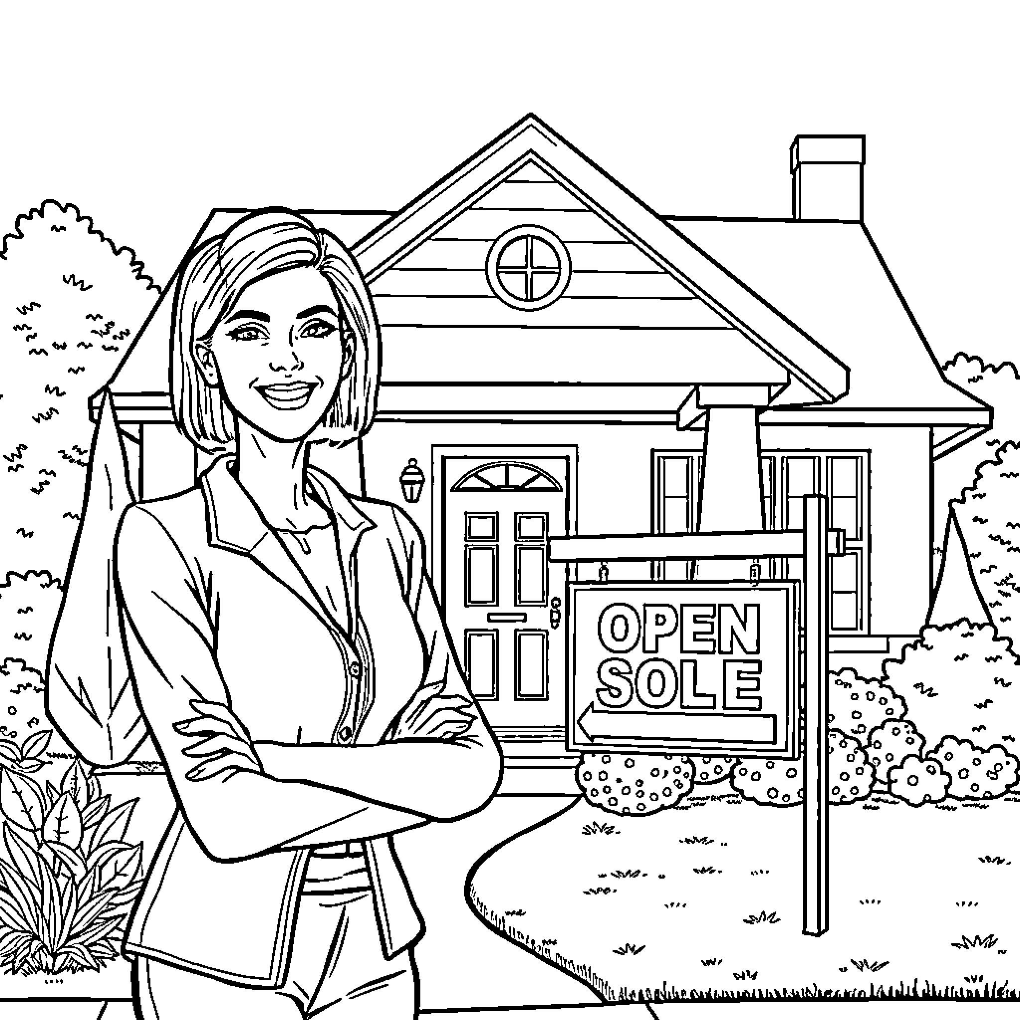 Realtor stands proudly in front of open house Coloring Page (free black-and-white line drawing printable PDF for all, from beginners to advanced learners, including children, teens, adults, and seniors)