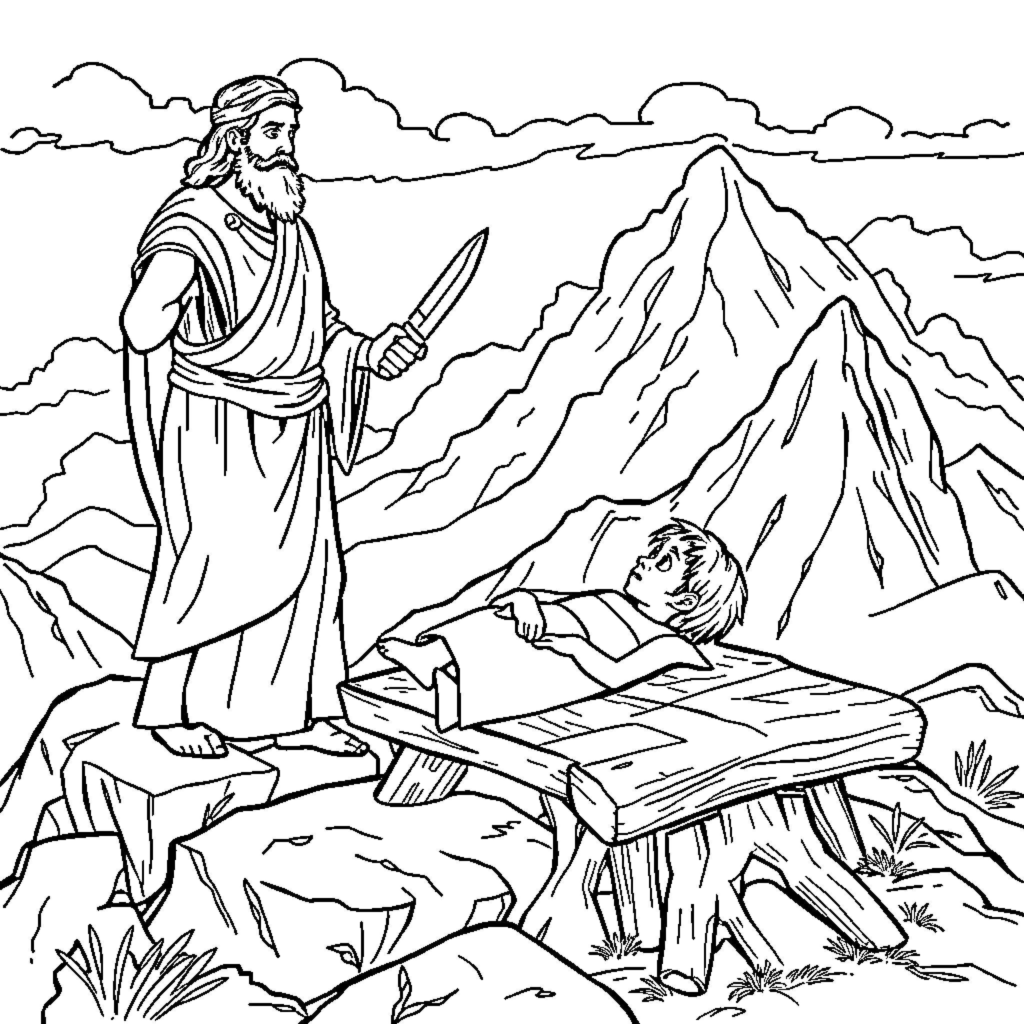 Abraham teaching a man in the mountainous landscape Coloring Page (free black-and-white line drawing printable PDF for all, from beginners to advanced learners, including children, teens, adults, and seniors)