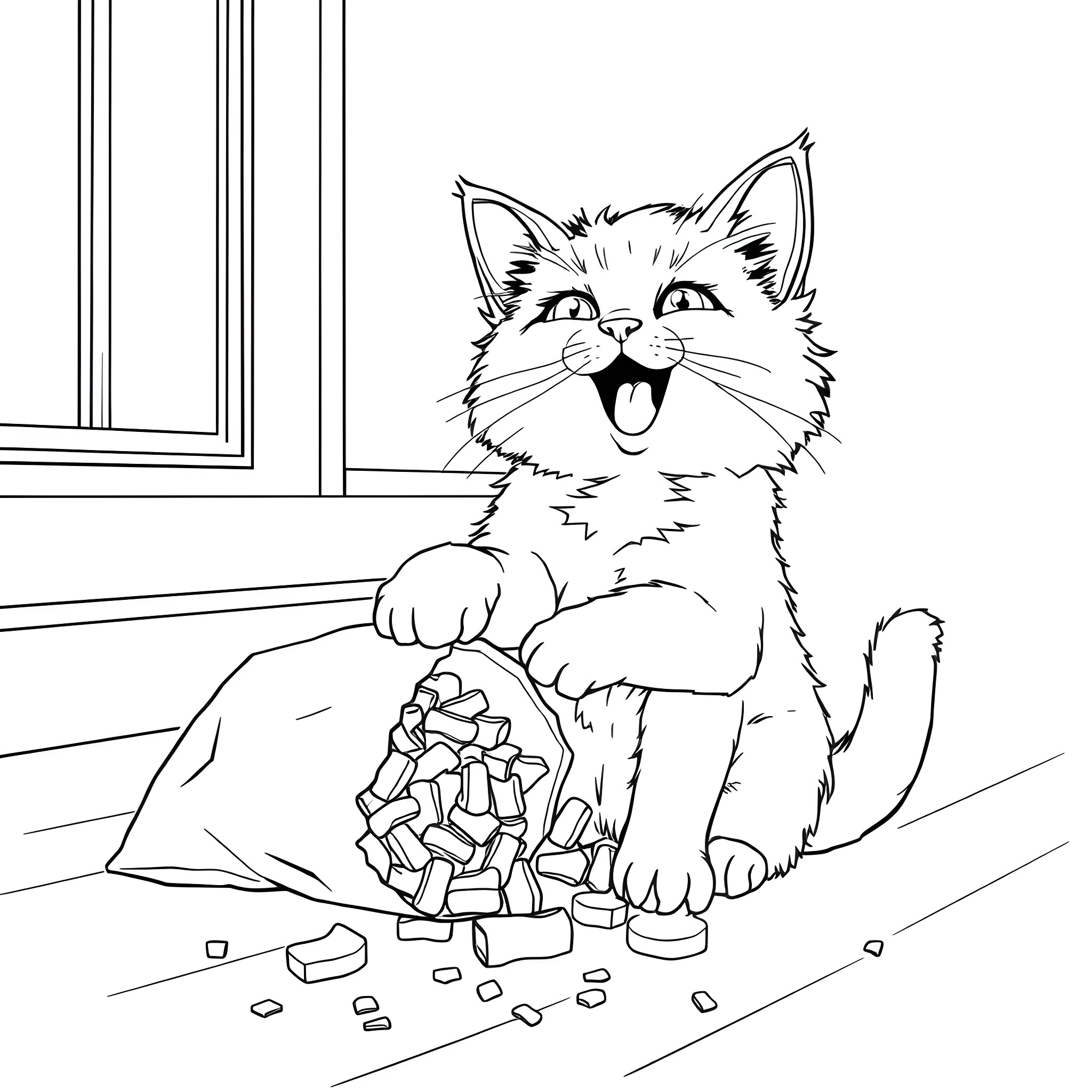 Cat playing with toys near the window Coloring Page (free black-and-white line drawing printable PDF for all, from beginners to advanced learners, including children, teens, adults, and seniors)