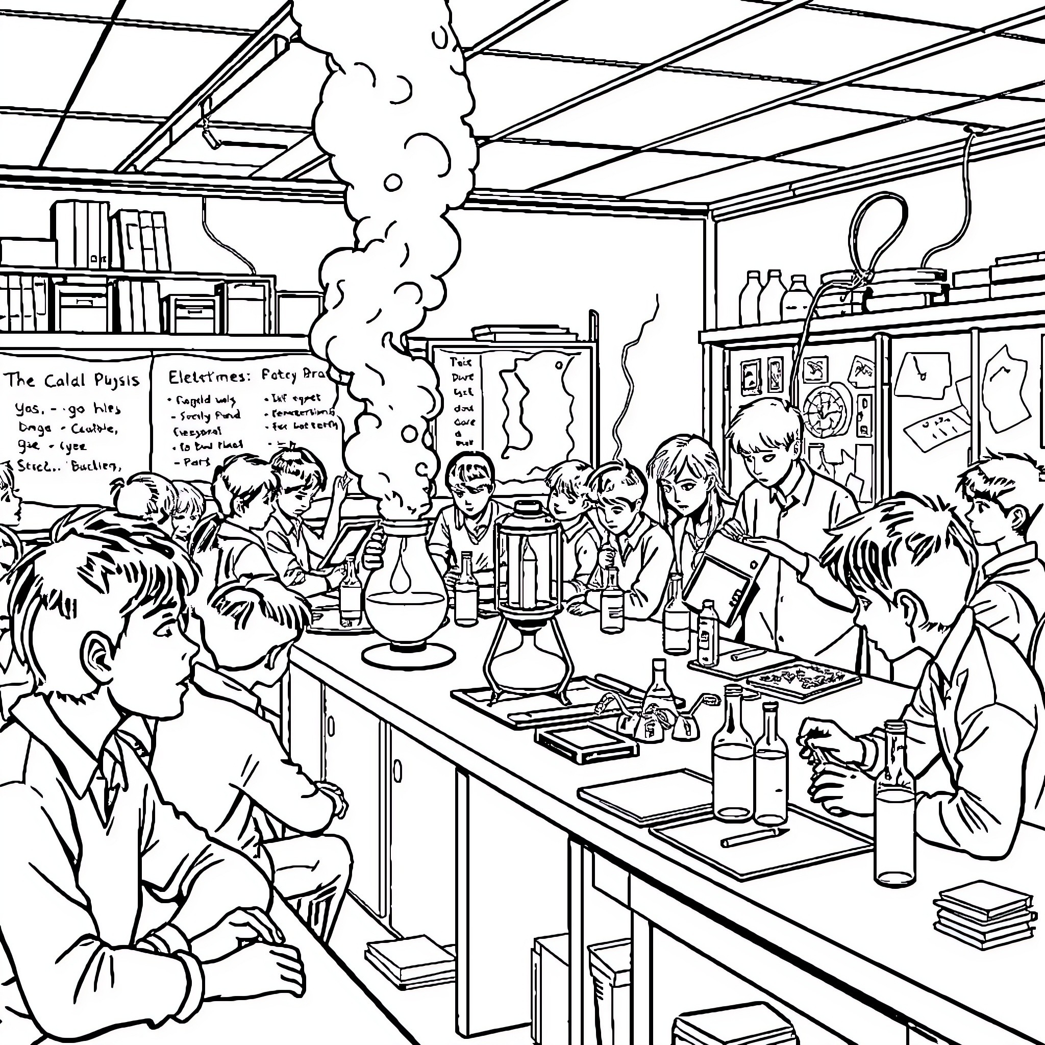 Classroom scene with students engaged in science experiments Coloring Page (free black-and-white line drawing printable PDF for all, from beginners to advanced learners, including children, teens, adults, and seniors)