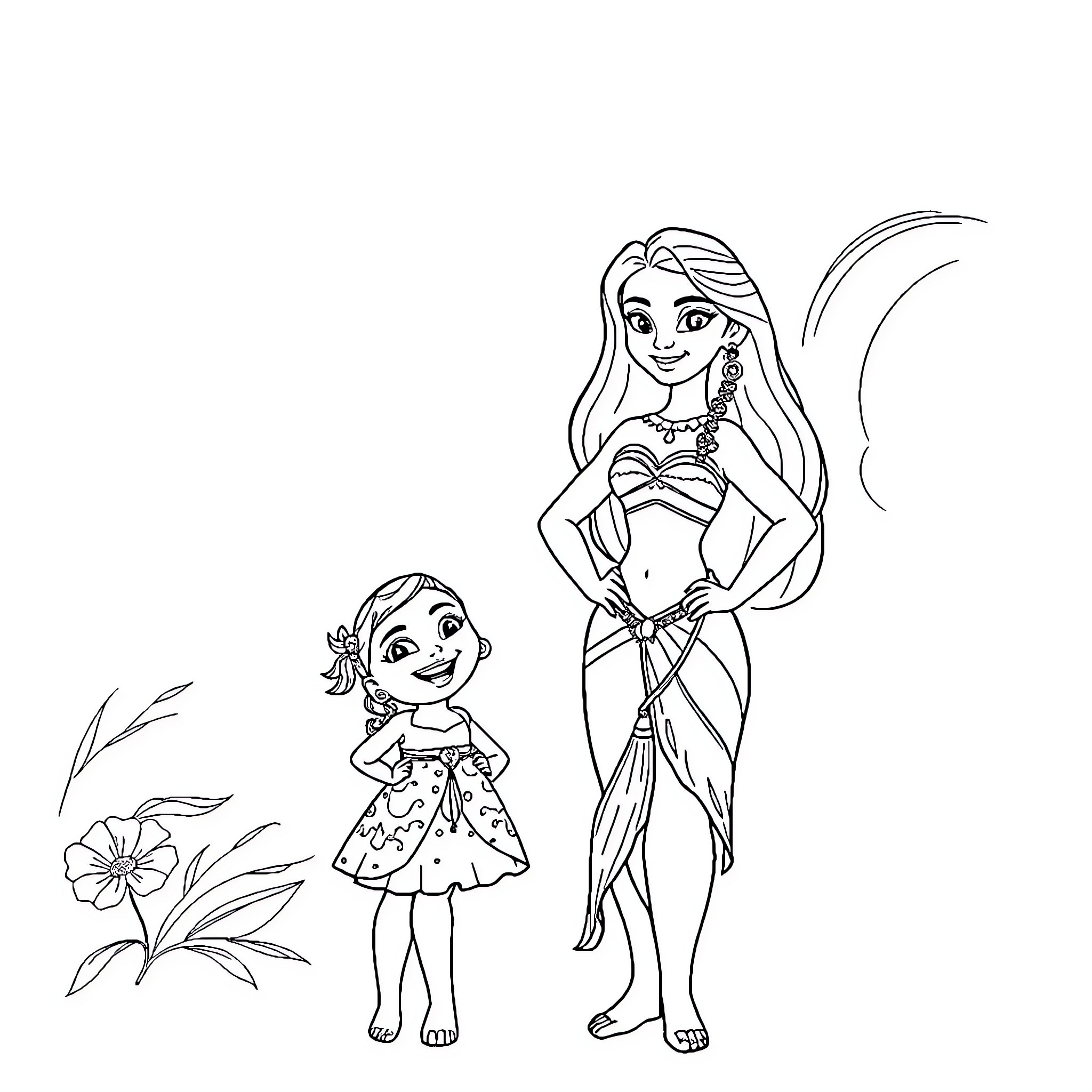Vaiana and Young Girl in Tropical Setting Coloring Page (free black-and-white line drawing printable PDF for all, from beginners to advanced learners, including children, teens, adults, and seniors)