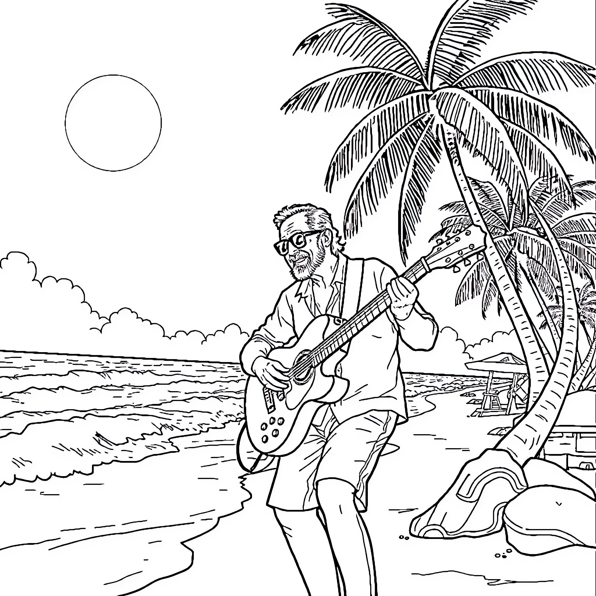 Jimmy Buffett playing guitar on a tropical beach Coloring Page (free black-and-white line drawing printable PDF for all, from beginners to advanced learners, including children, teens, adults, and seniors)