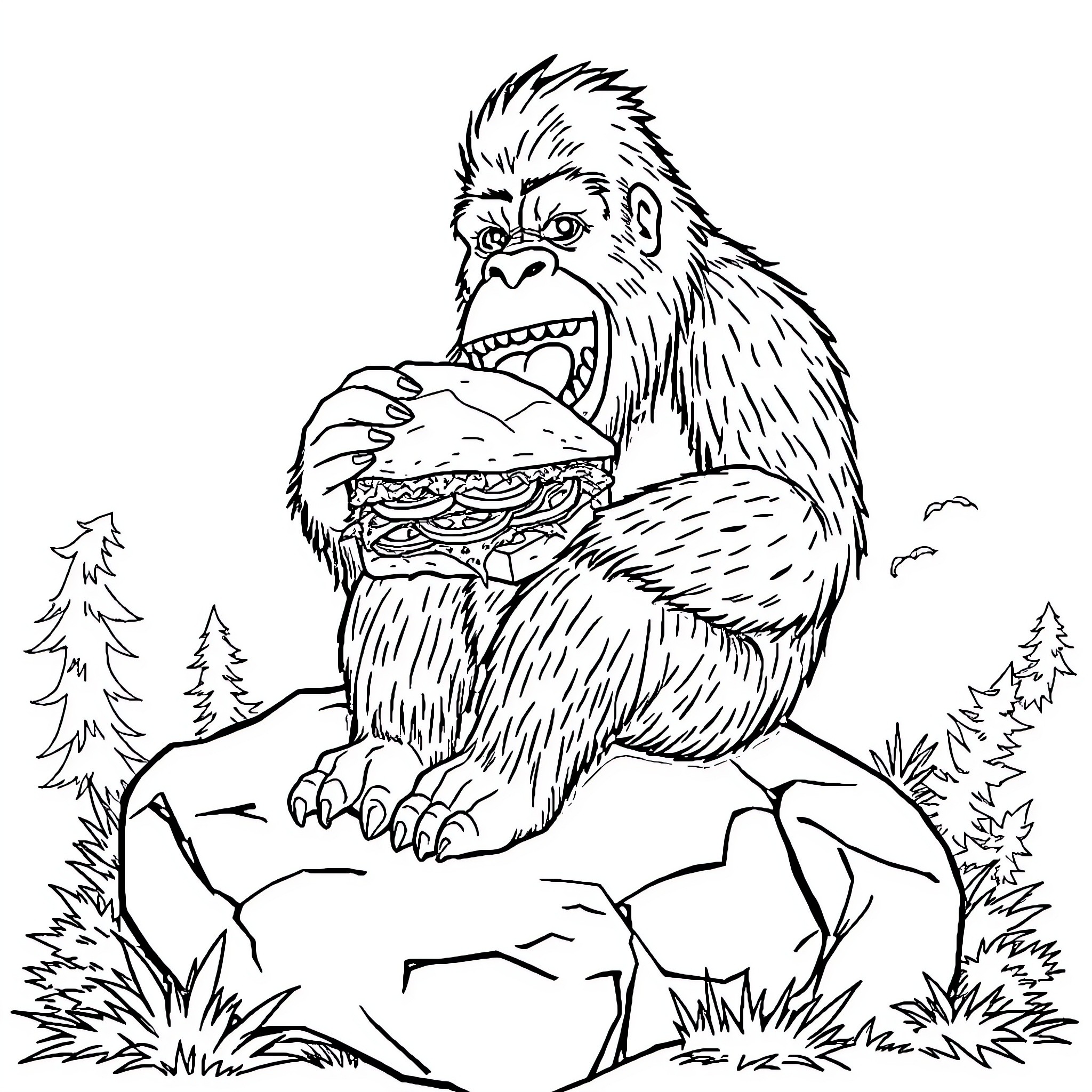 Bigfoot feasting on a gigantic burger in the wilderness Coloring Page (free black-and-white line drawing printable PDF for all, from beginners to advanced learners, including children, teens, adults, and seniors)