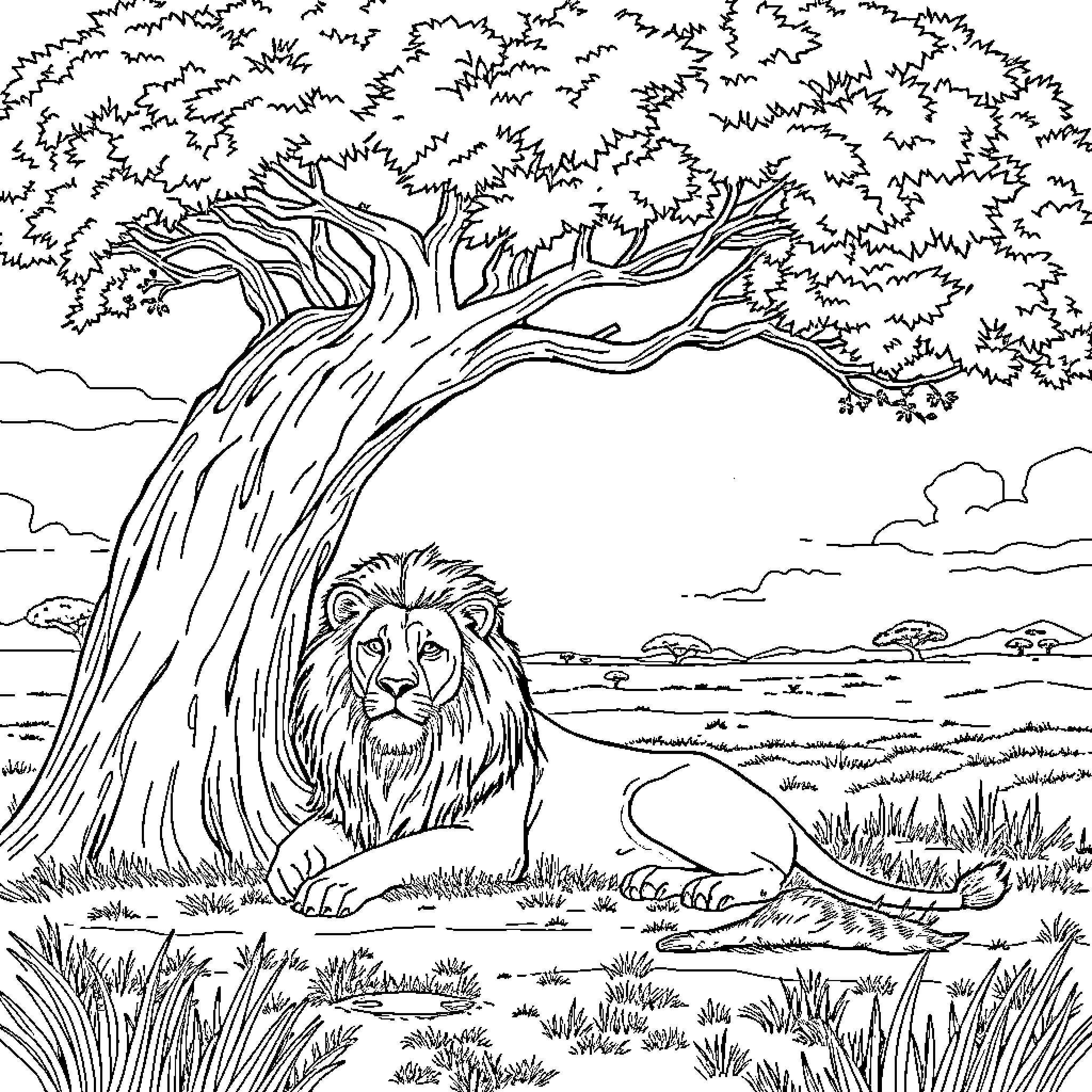 Lion resting under a large tree in the wild Coloring Page (free black-and-white line drawing printable PDF for all, from beginners to advanced learners, including children, teens, adults, and seniors)