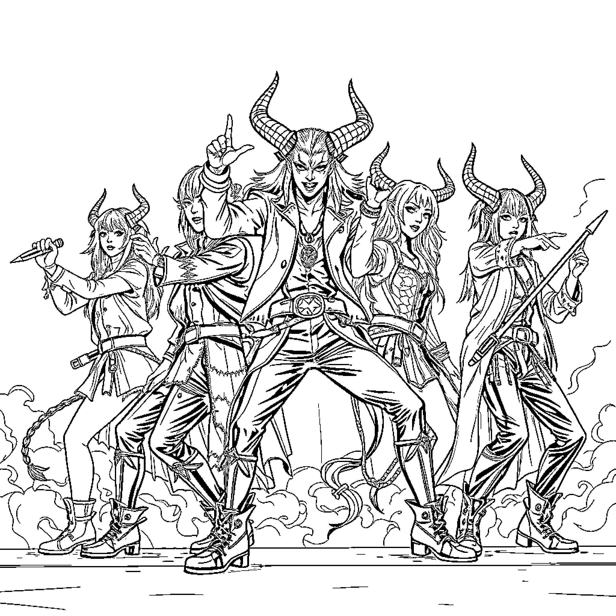 Demon Slayer Characters in Action Poses Coloring Page (free black-and-white line drawing printable PDF for all, from beginners to advanced learners, including children, teens, adults, and seniors)
