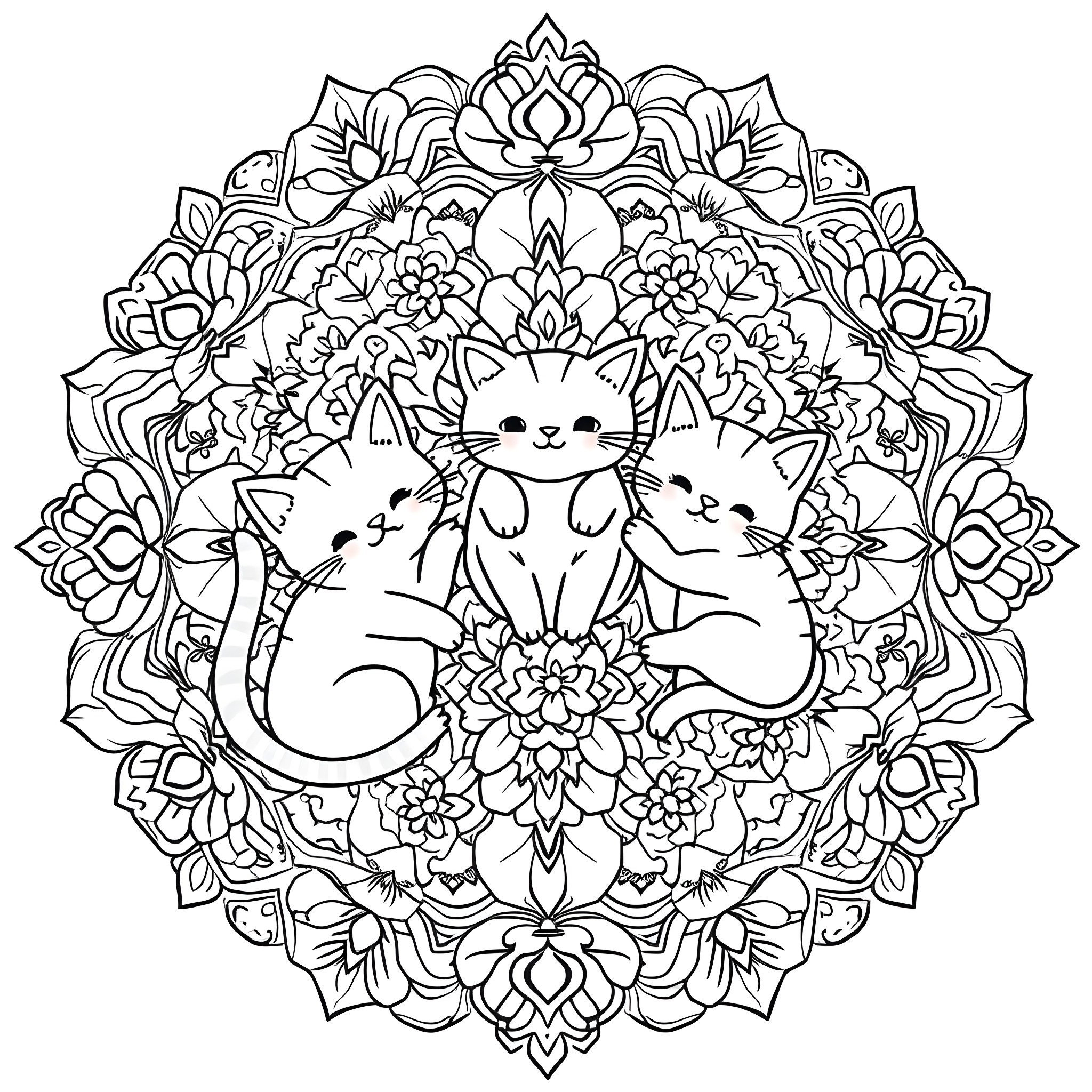 Cats in a floral mandala Coloring Page (free black-and-white line drawing printable PDF for all, from beginners to advanced learners, including children, teens, adults, and seniors)