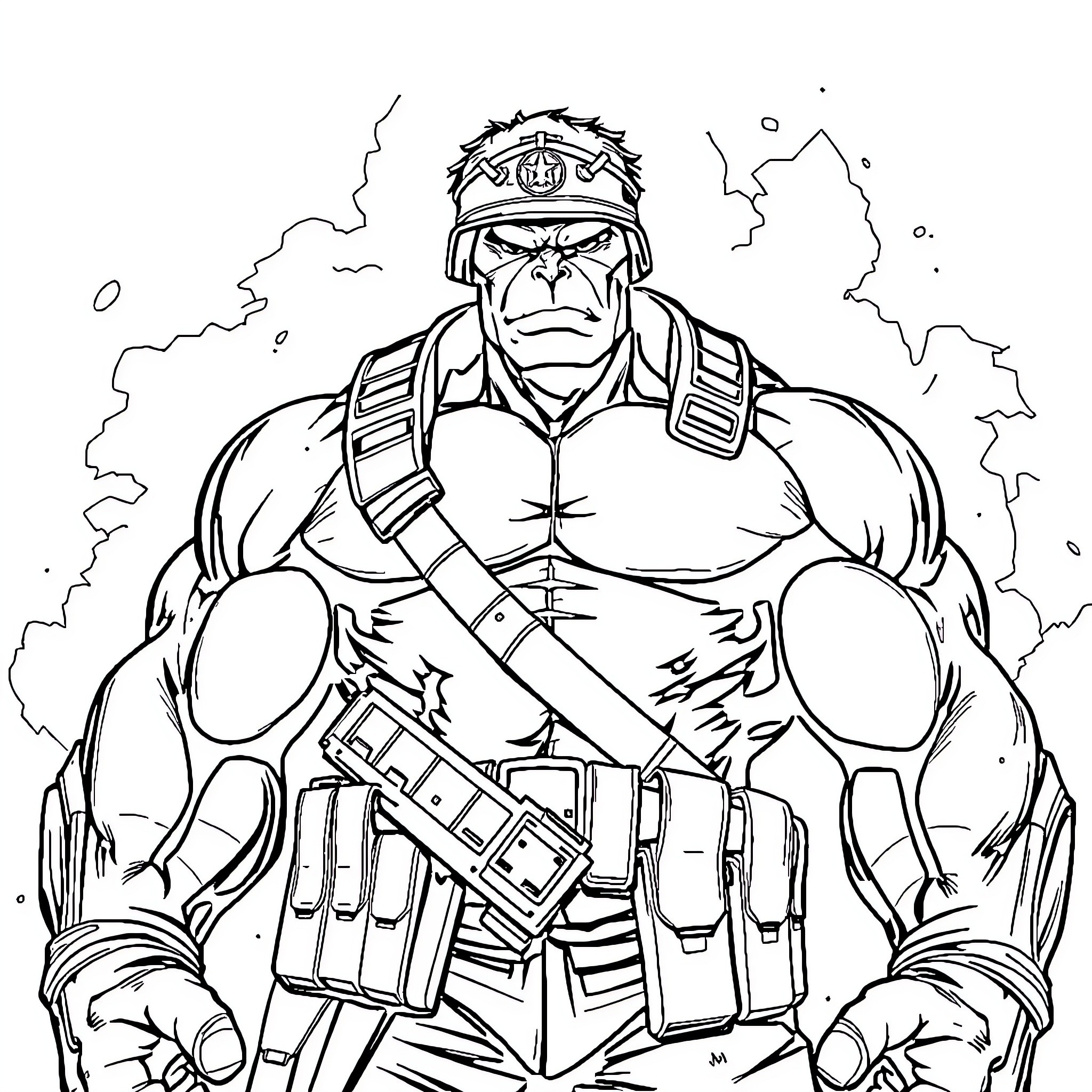Hulk Commanding in Militaristic Outfit Coloring Page (free black-and-white line drawing printable PDF for all, from beginners to advanced learners, including children, teens, adults, and seniors)
