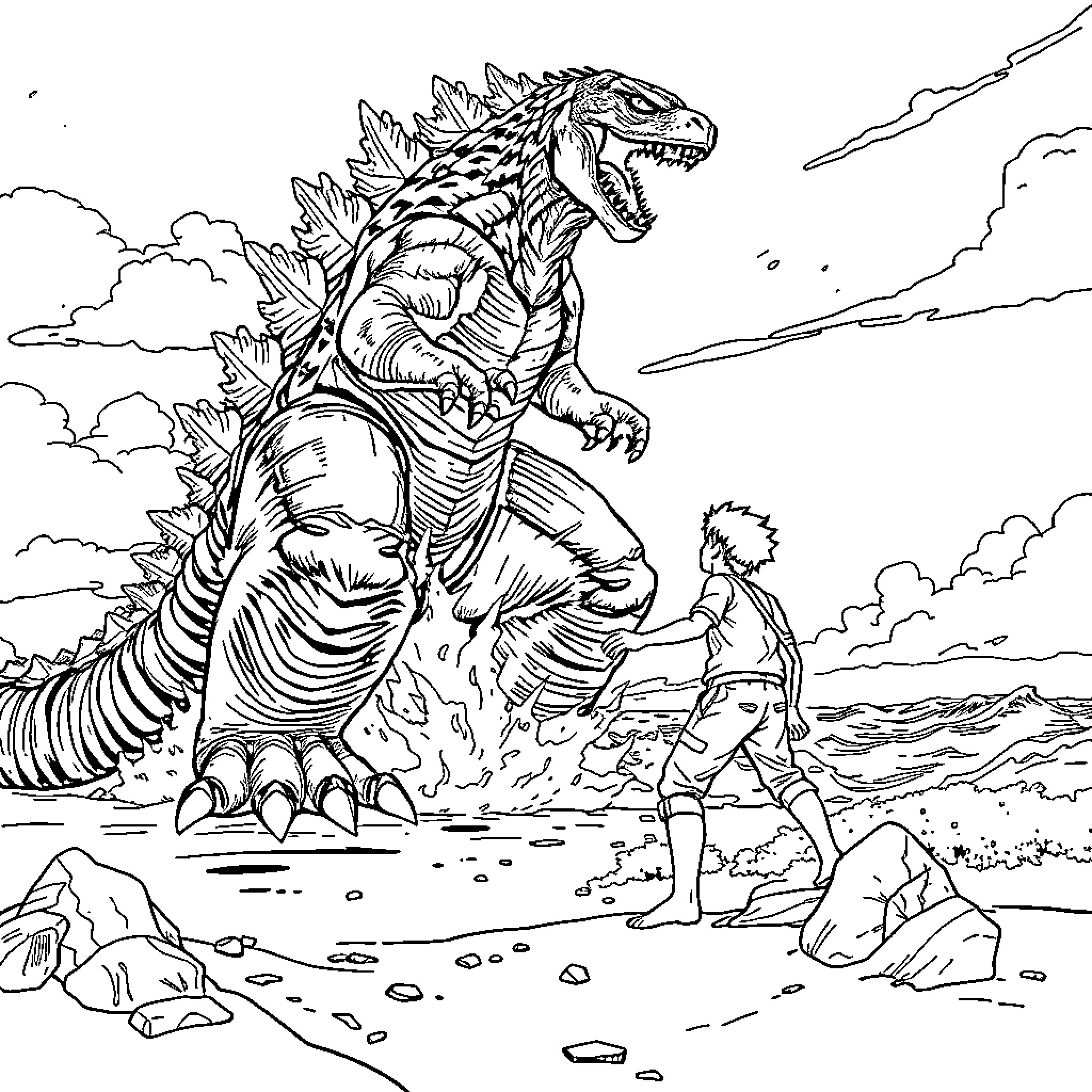 Godzilla rampaging through the city with a human figure watching Coloring Page (free black-and-white line drawing printable PDF for all, from beginners to advanced learners, including children, teens, adults, and seniors)