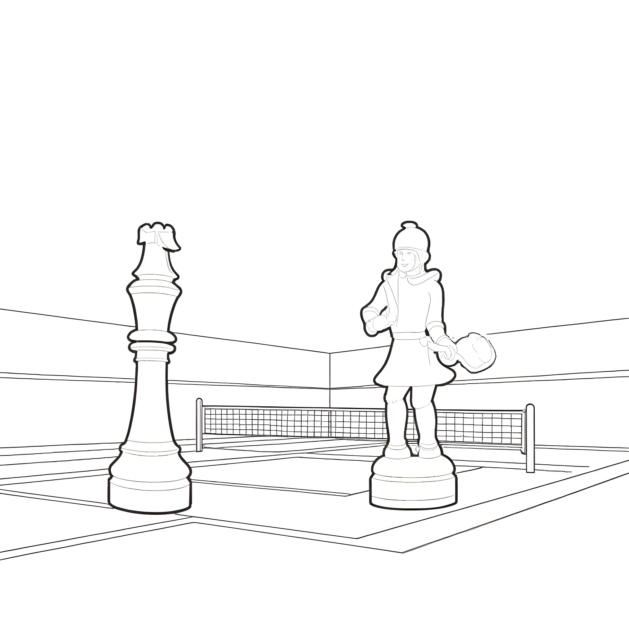 Chess Piece Figures on Chess Board Coloring Page (free black-and-white line drawing printable PDF for all, from beginners to advanced learners, including children, teens, adults, and seniors)