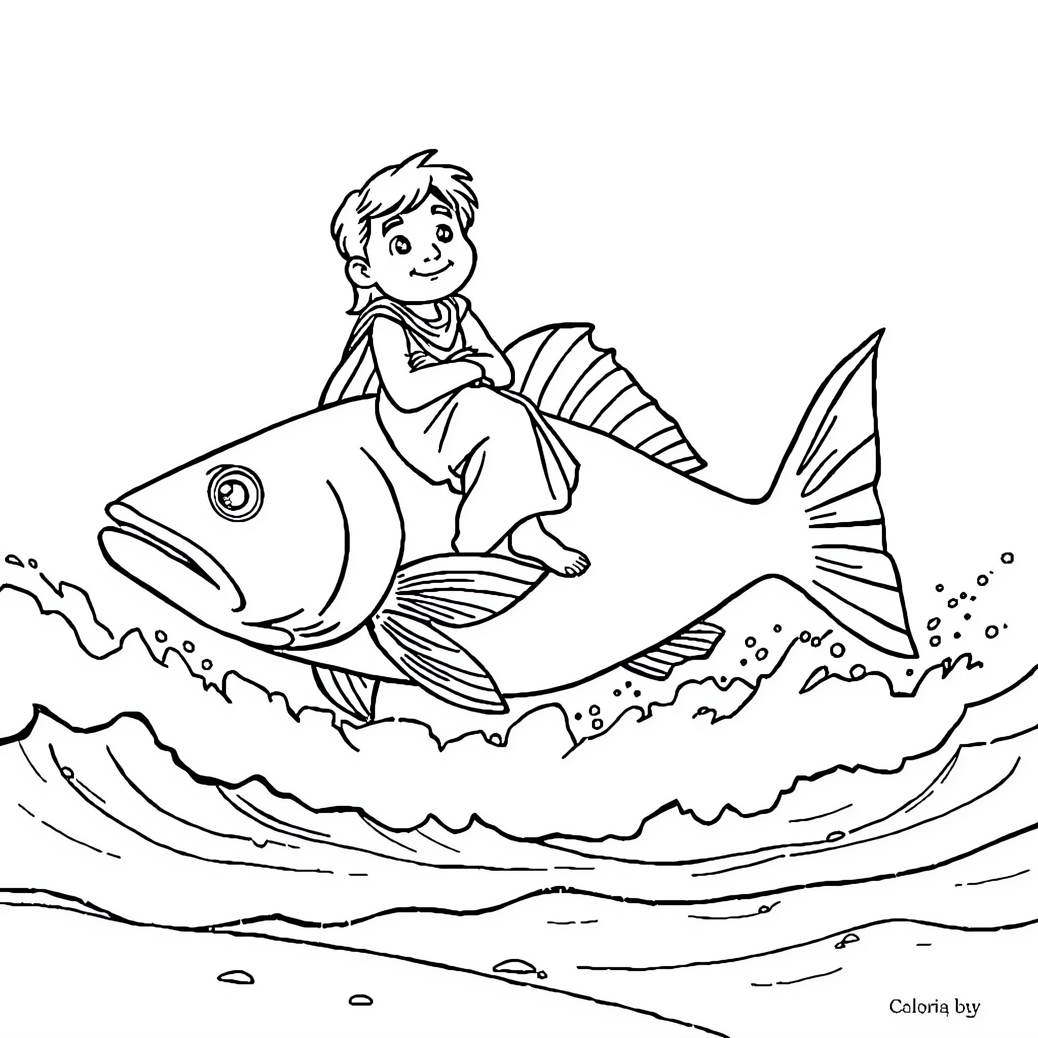 Jonah rests on a giant fish in the sea Coloring Page (free black-and-white line drawing printable PDF for all, from beginners to advanced learners, including children, teens, adults, and seniors)
