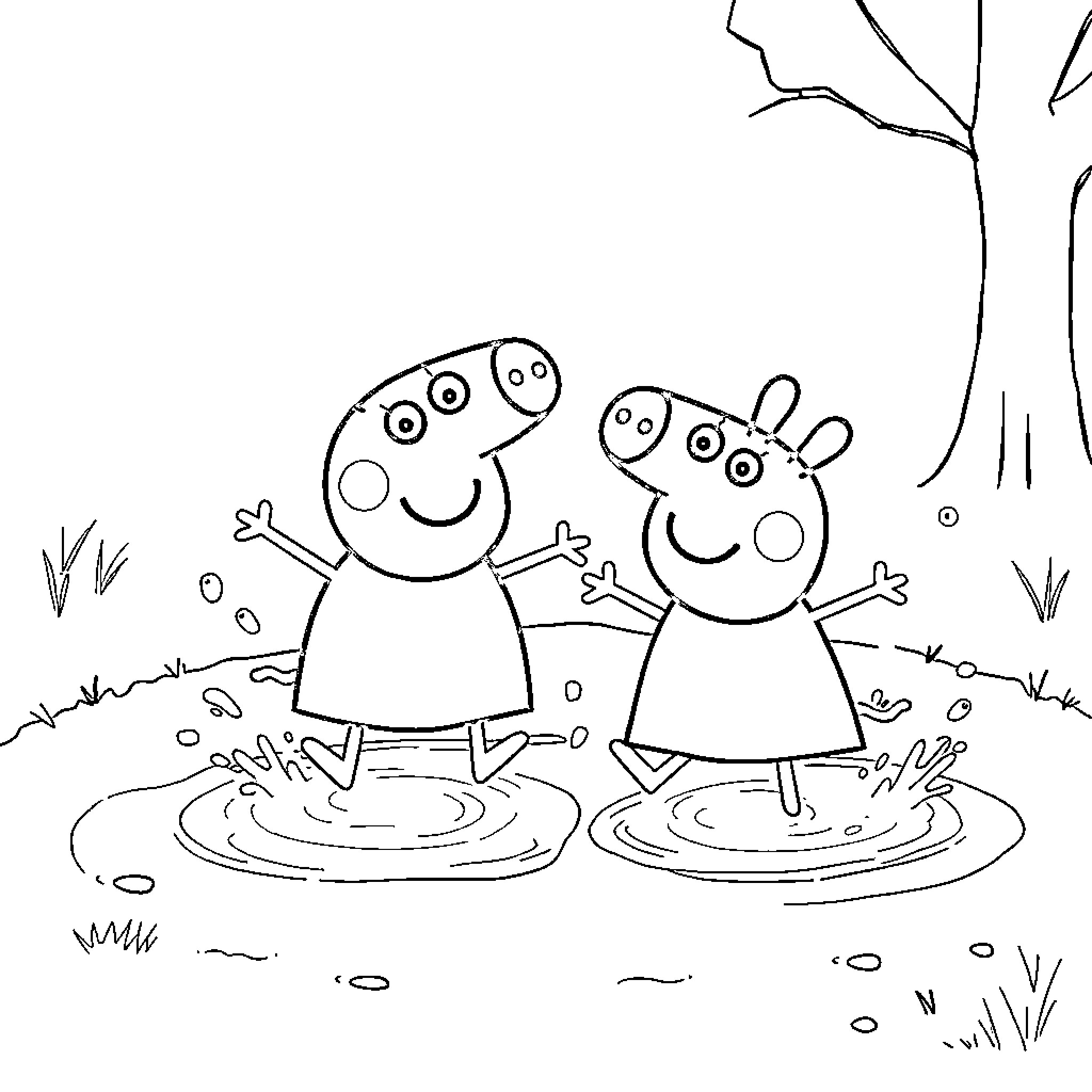 Peppa Pig and friends playing in puddles Coloring Page (free black-and-white line drawing printable PDF for all, from beginners to advanced learners, including children, teens, adults, and seniors)