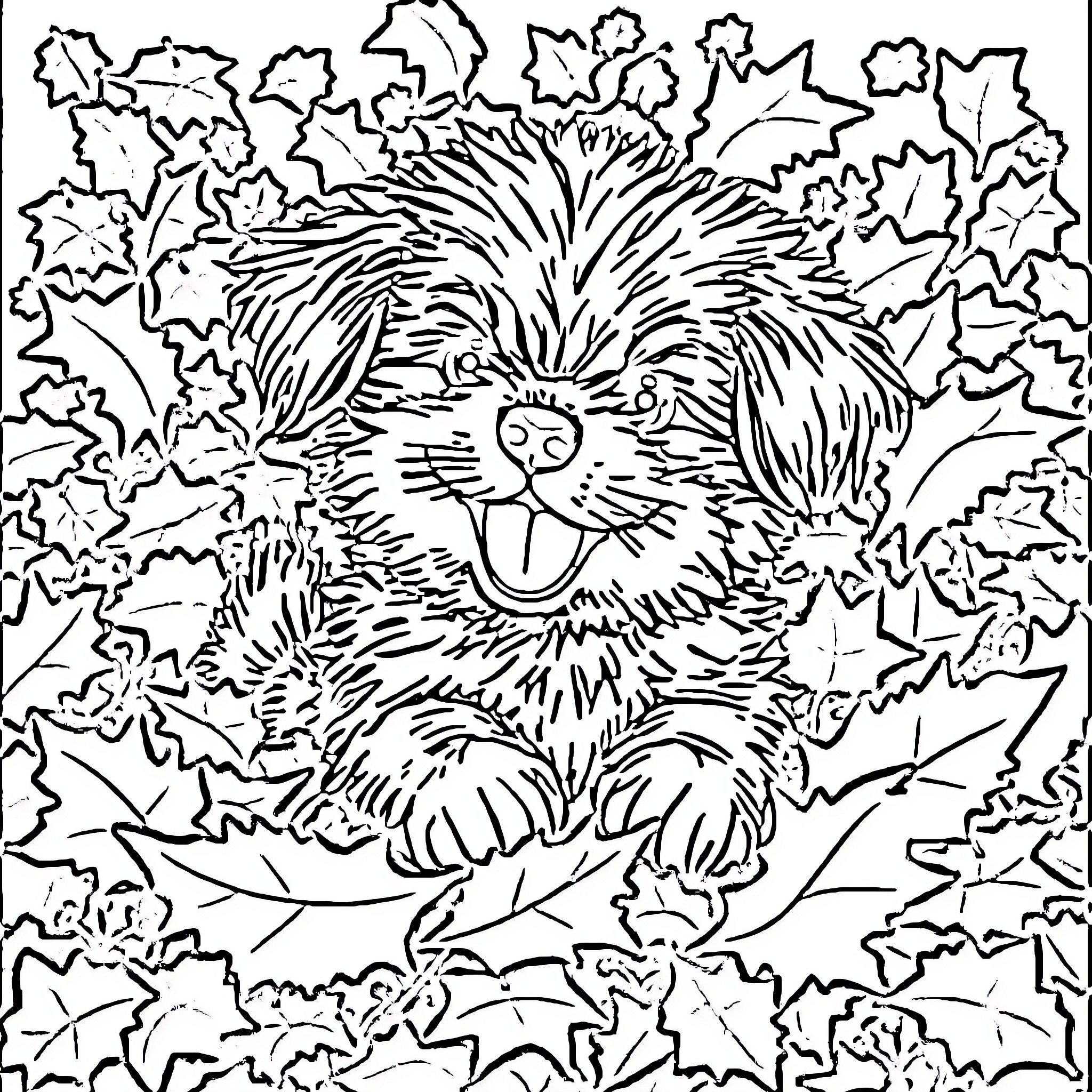 Puppy playing amongst autumn leaves Coloring Page (free black-and-white line drawing printable PDF for all, from beginners to advanced learners, including children, teens, adults, and seniors)