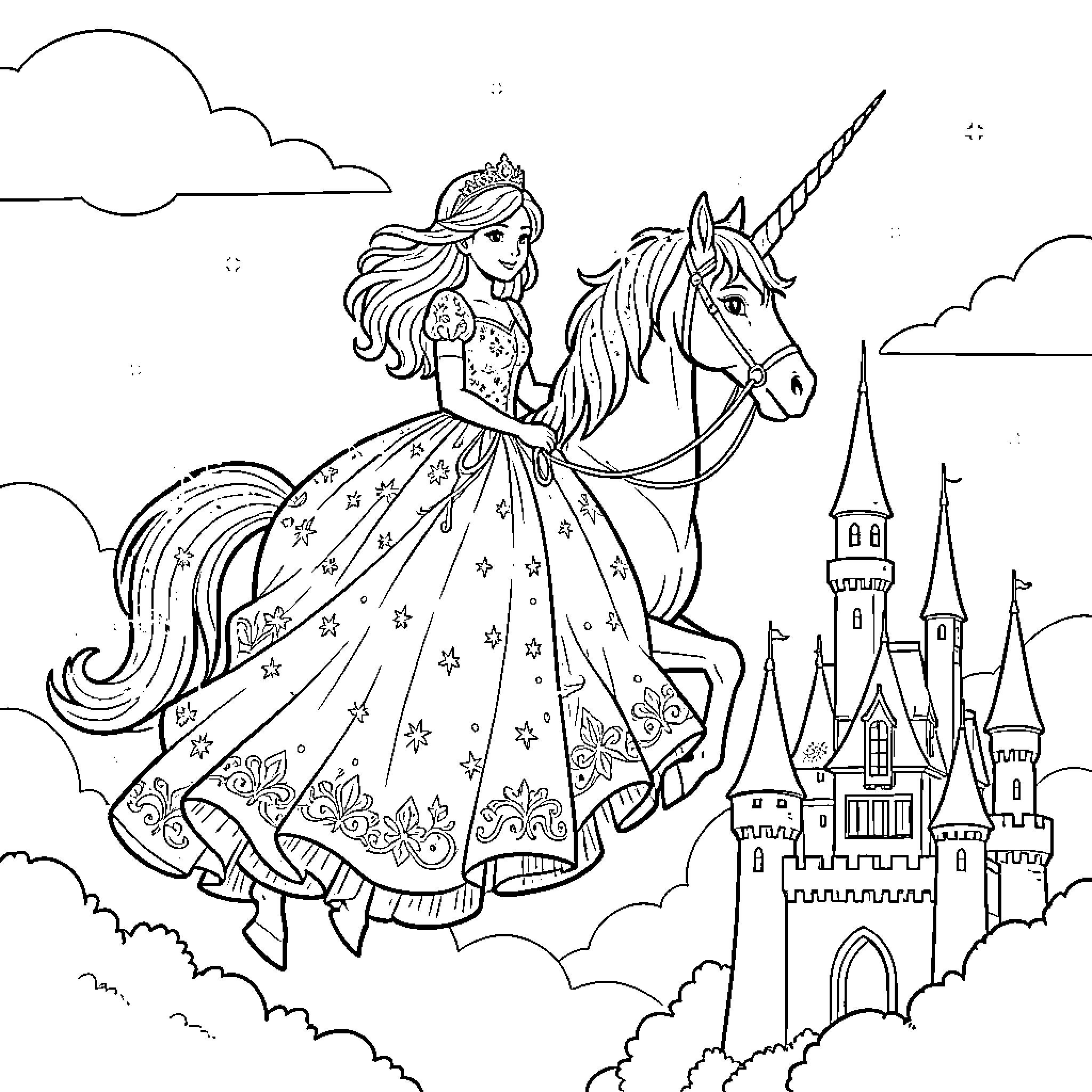 Princess riding a unicorn towards a magical castle Coloring Page (free black-and-white line drawing printable PDF for all, from beginners to advanced learners, including children, teens, adults, and seniors)