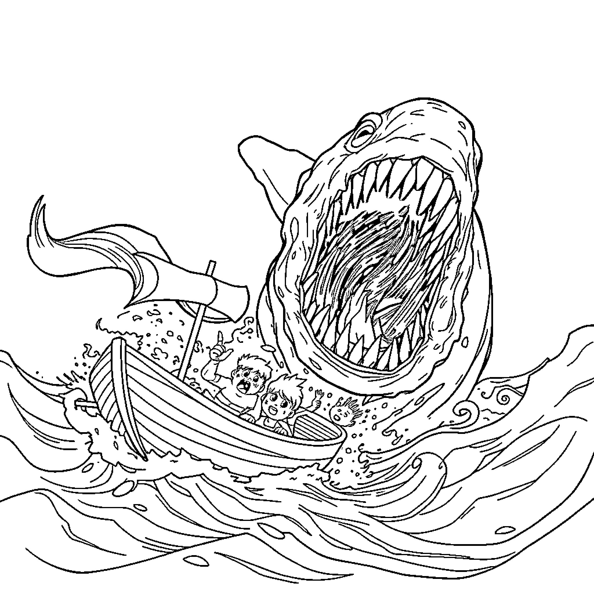 Sea Creature attacks a boat full of people Coloring Page (free black-and-white line drawing printable PDF for all, from beginners to advanced learners, including children, teens, adults, and seniors)