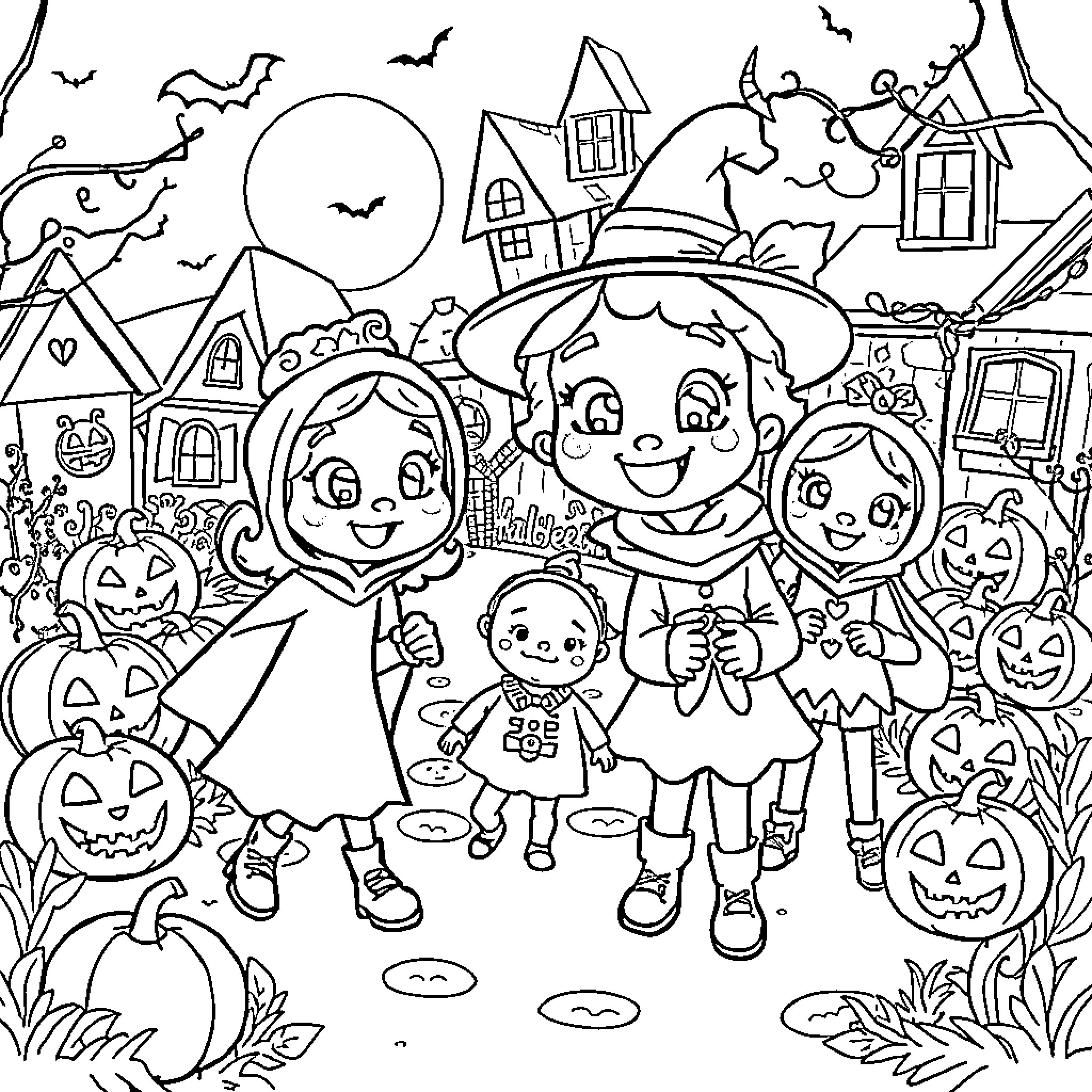 Bluey's Spooky Halloween Adventure Coloring Page (free black-and-white line drawing printable PDF for all, from beginners to advanced learners, including children, teens, adults, and seniors)