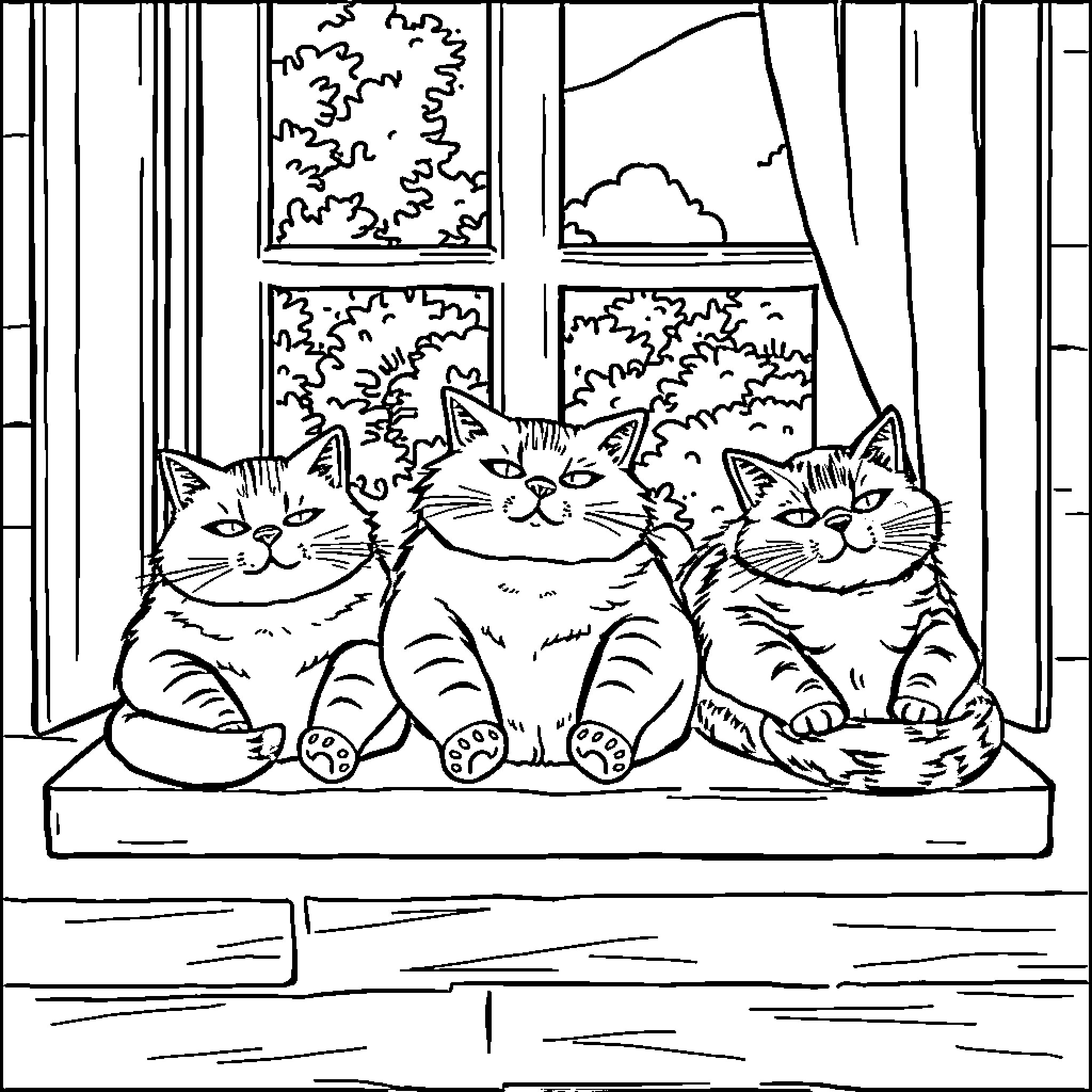 Cats Enjoying the View from the Window Coloring Page (free black-and-white line drawing printable PDF for all, from beginners to advanced learners, including children, teens, adults, and seniors)