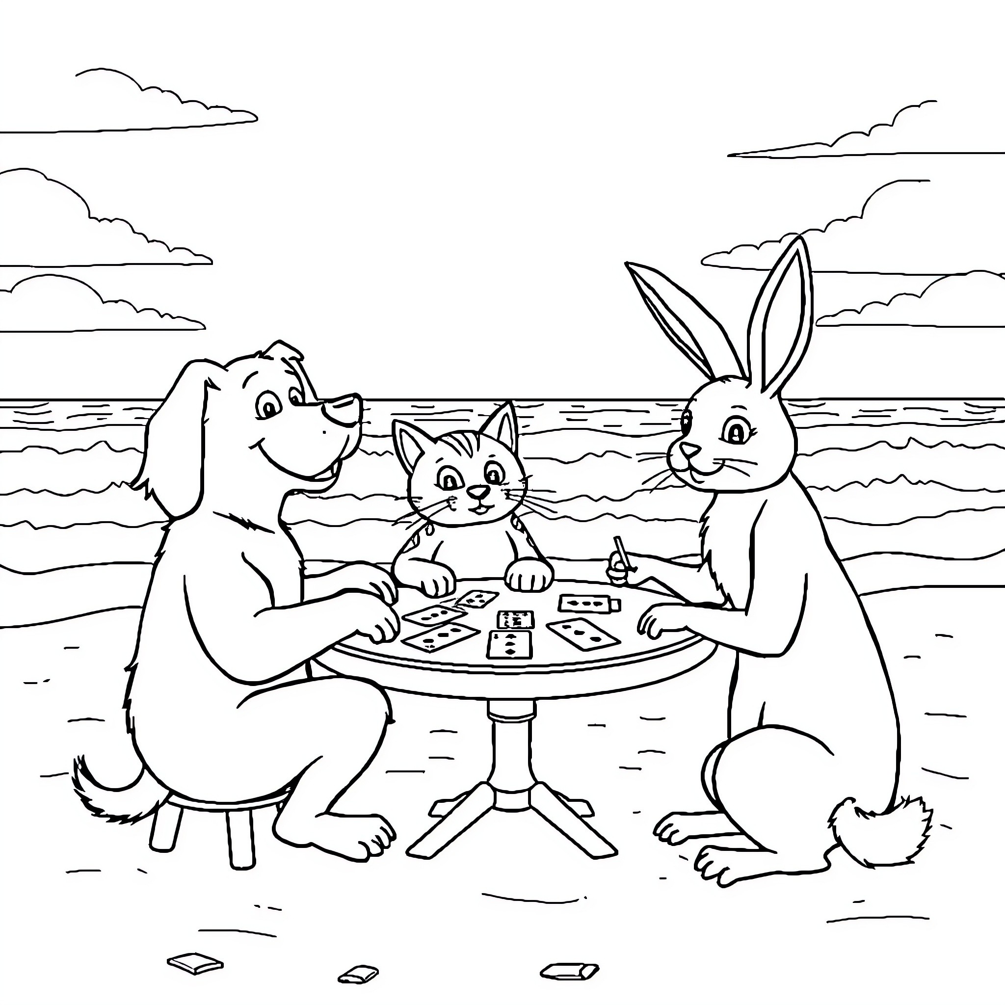 Animal friends playing board game by the sea Coloring Page (free black-and-white line drawing printable PDF for all, from beginners to advanced learners, including children, teens, adults, and seniors)
