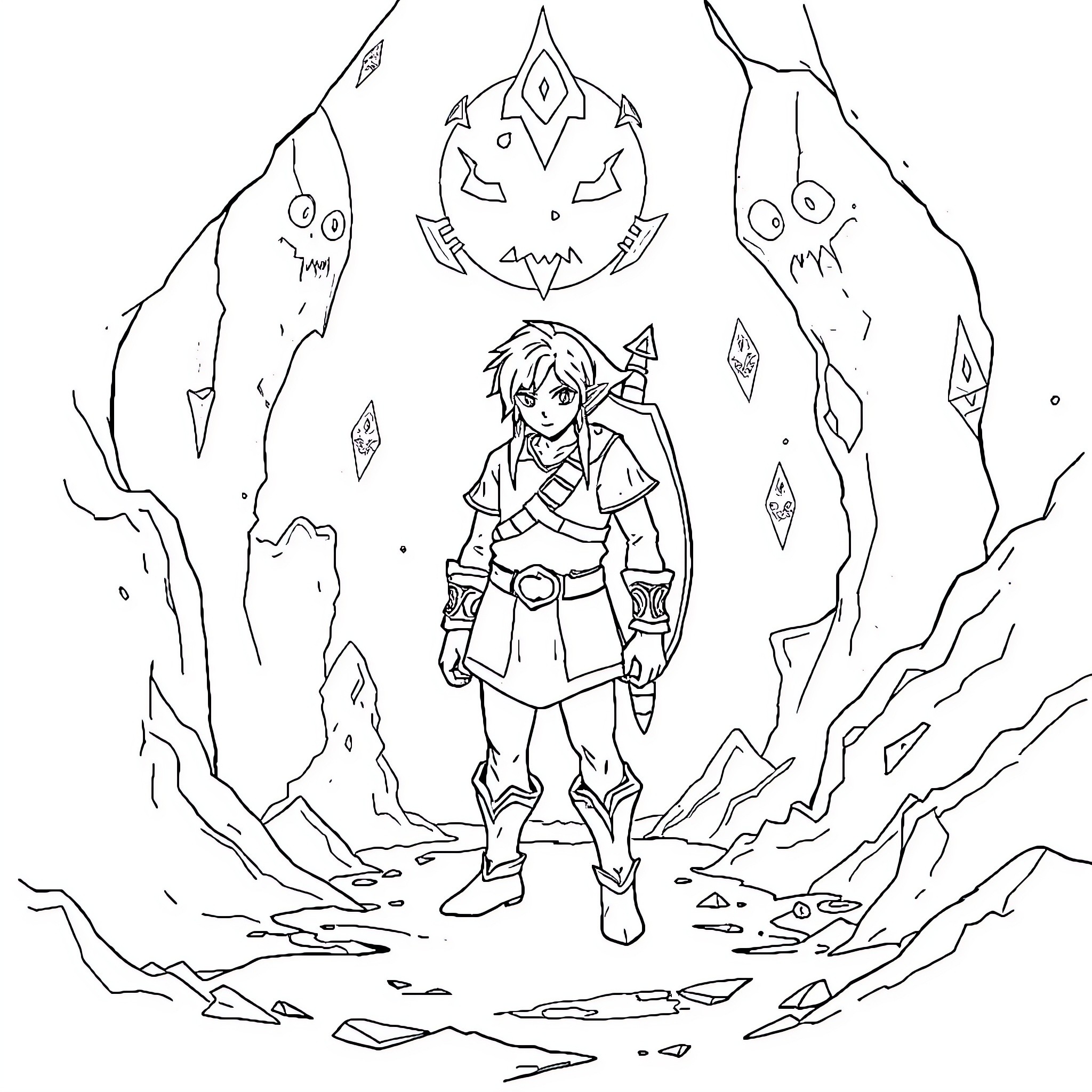 Link exploring a mysterious crystalline landscape Coloring Page (free black-and-white line drawing printable PDF for all, from beginners to advanced learners, including children, teens, adults, and seniors)