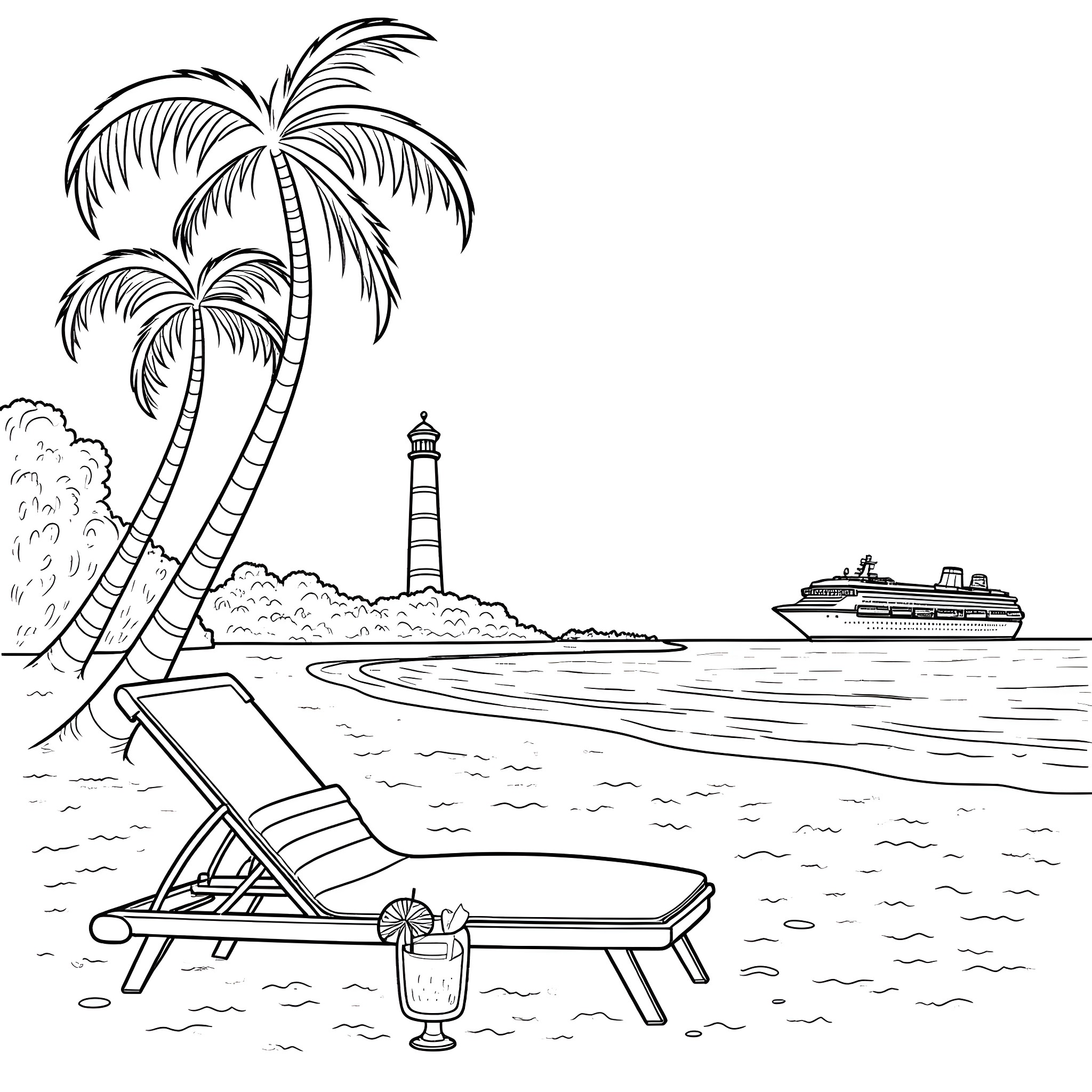 Beach scene with palm trees, lighthouse, and cruise ship Coloring Page (free black-and-white line drawing printable PDF for all, from beginners to advanced learners, including children, teens, adults, and seniors)