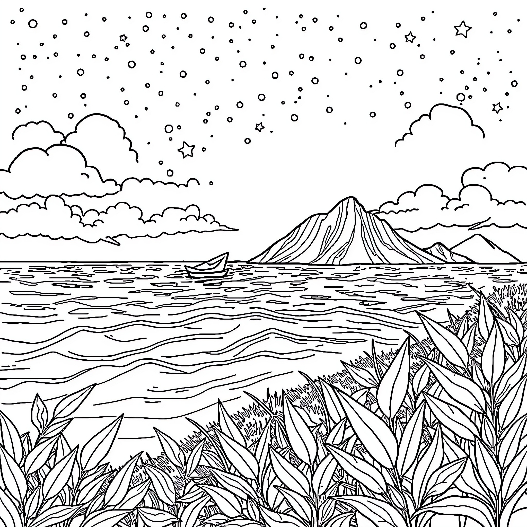 Creation of a tranquil coastal landscape Coloring Page (free black-and-white line drawing printable PDF for all, from beginners to advanced learners, including children, teens, adults, and seniors)