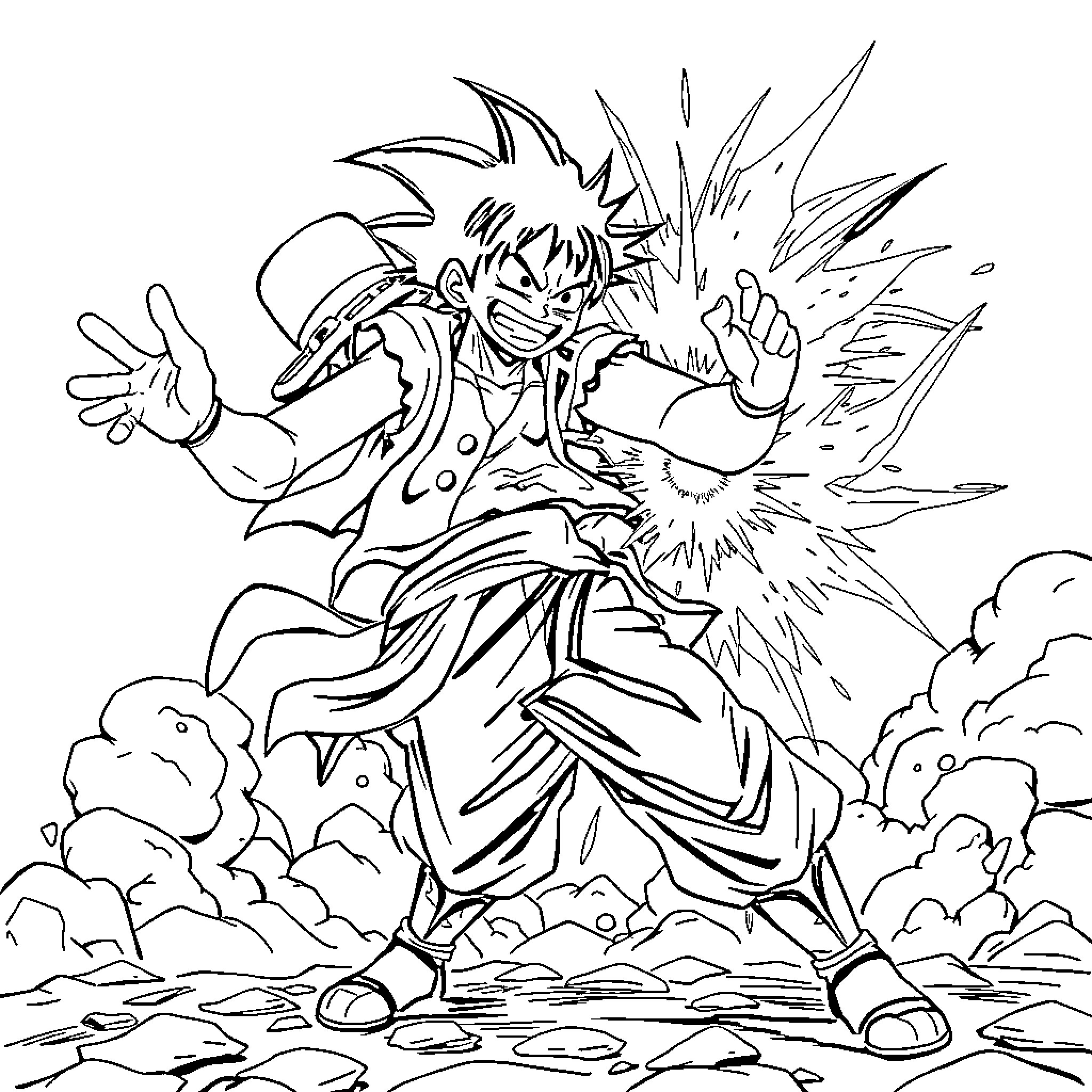 Luffy unleashing powerful attack in dramatic scene Coloring Page (free black-and-white line drawing printable PDF for all, from beginners to advanced learners, including children, teens, adults, and seniors)