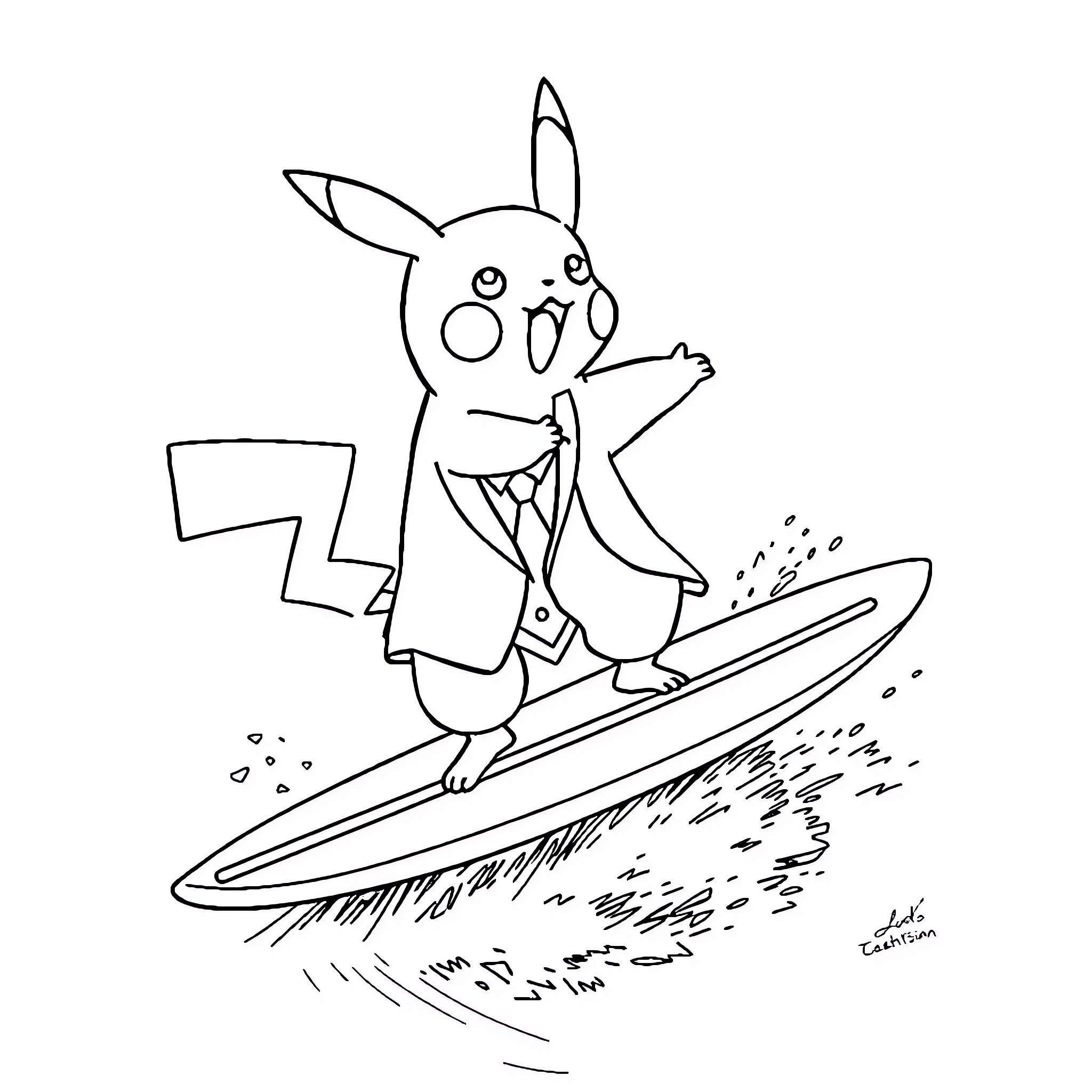 Pikachu surfing with enthusiasm Coloring Page (free black-and-white line drawing printable PDF for all, from beginners to advanced learners, including children, teens, adults, and seniors)