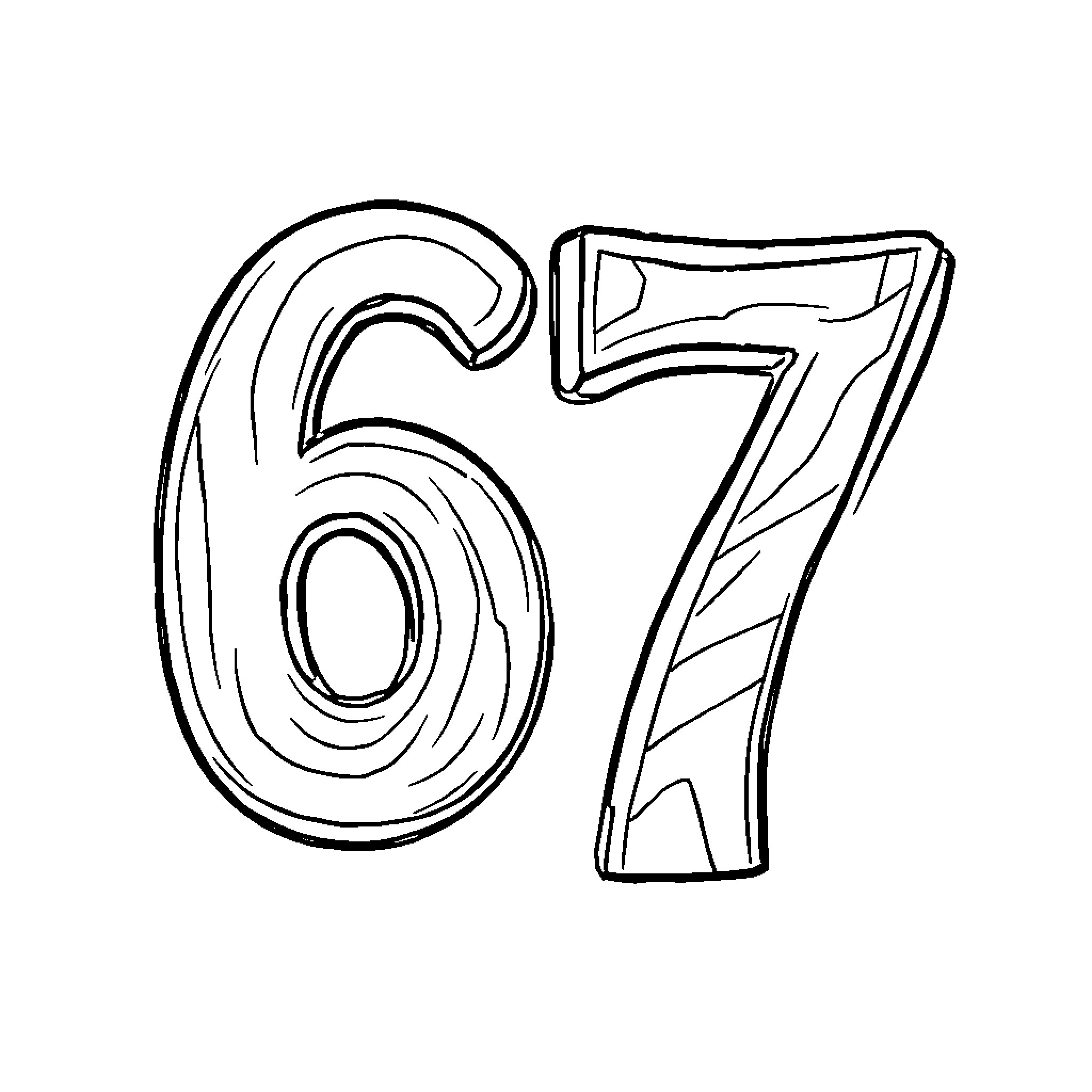 Number Doodle of Playful Digits 67 Coloring Page (free black-and-white line drawing printable PDF for all, from beginners to advanced learners, including children, teens, adults, and seniors)