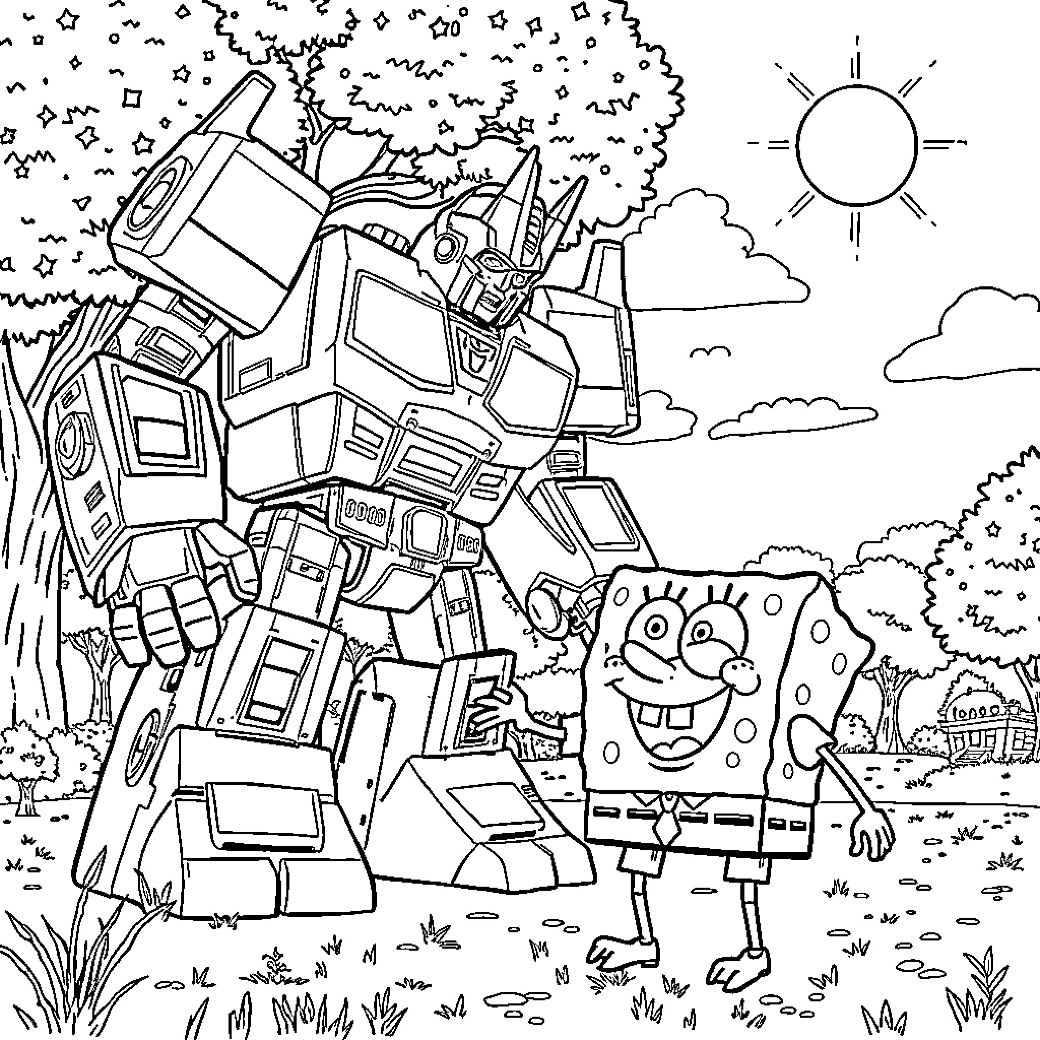 Transformer robot and cartoon character in nature Coloring Page (free black-and-white line drawing printable PDF for all, from beginners to advanced learners, including children, teens, adults, and seniors)