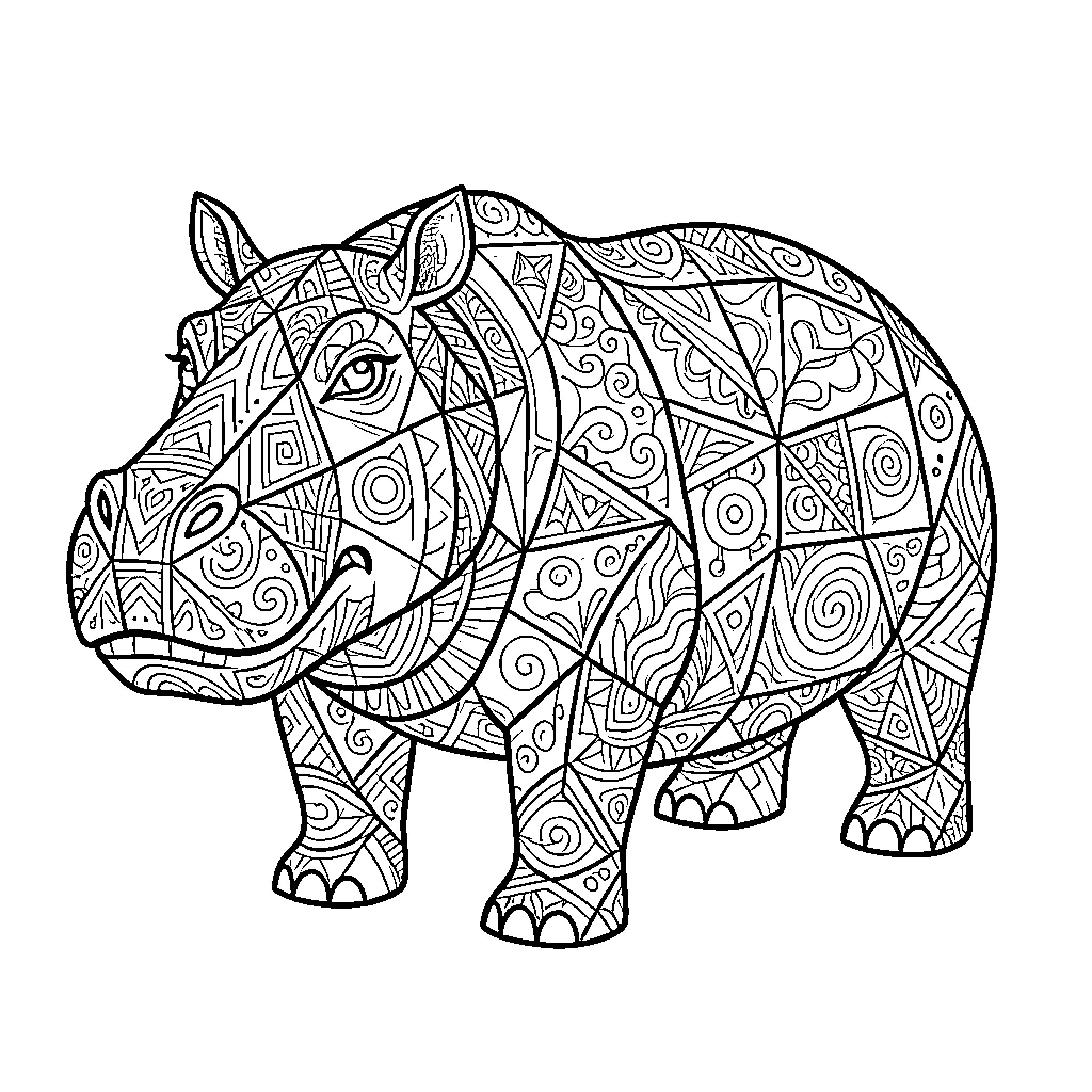 Hippo in ornate patterned design Coloring Page (free black-and-white line drawing printable PDF for all, from beginners to advanced learners, including children, teens, adults, and seniors)