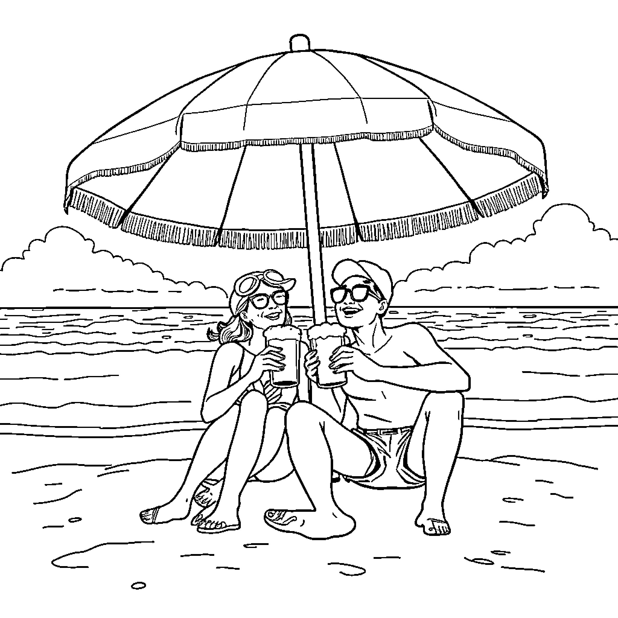 Person enjoying the beach under a parasol Coloring Page (free black-and-white line drawing printable PDF for all, from beginners to advanced learners, including children, teens, adults, and seniors)