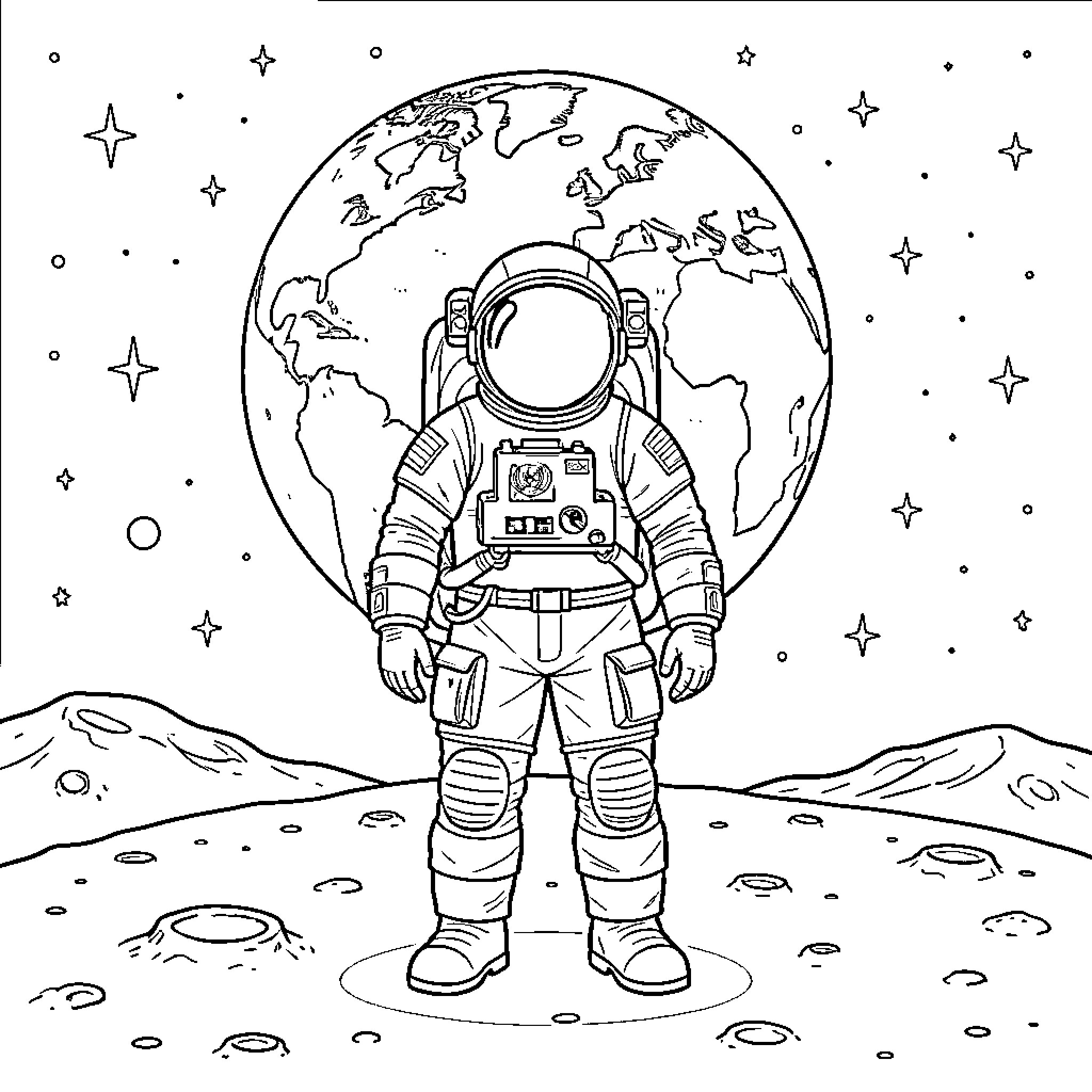 Astronaut standing on the moon looking at Earth Coloring Page (free black-and-white line drawing printable PDF for all, from beginners to advanced learners, including children, teens, adults, and seniors)