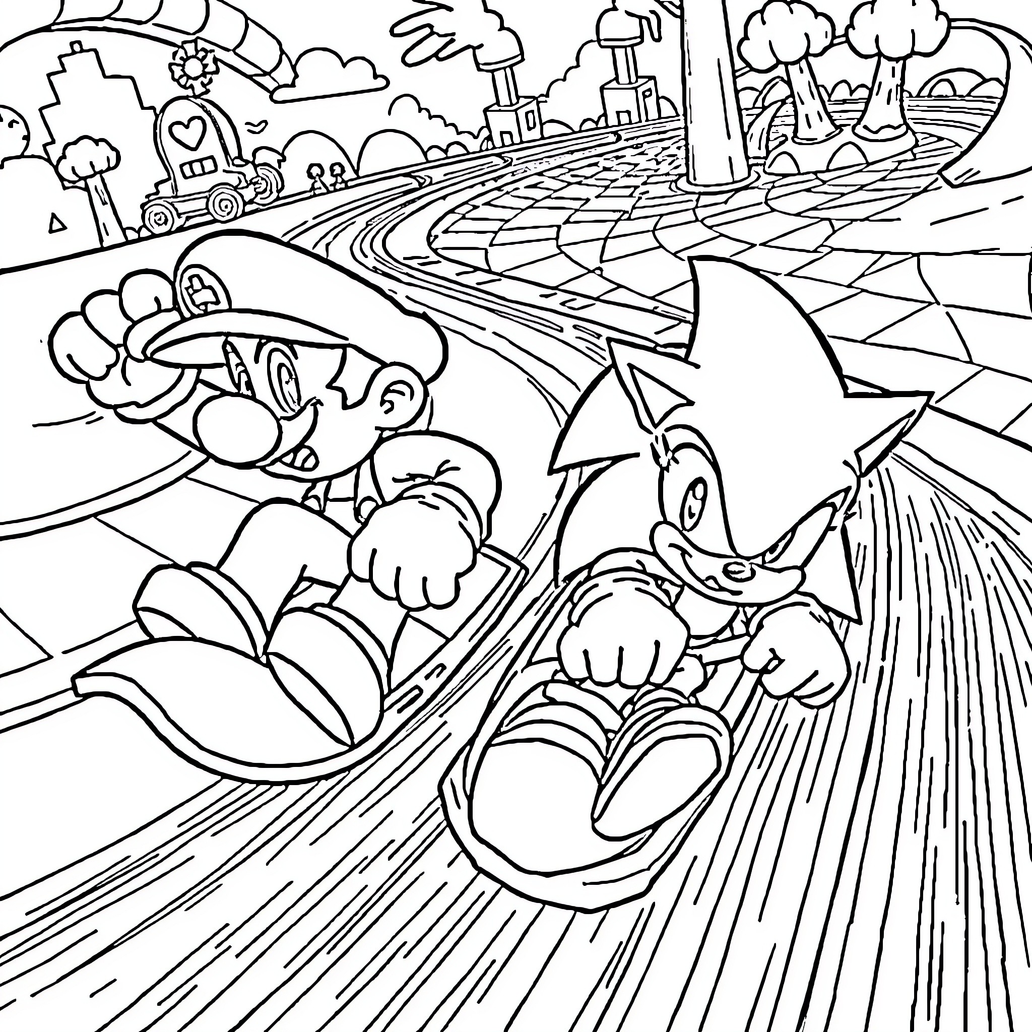 Mario and Luigi racing down a fantastical landscape Coloring Page (free black-and-white line drawing printable PDF for all, from beginners to advanced learners, including children, teens, adults, and seniors)