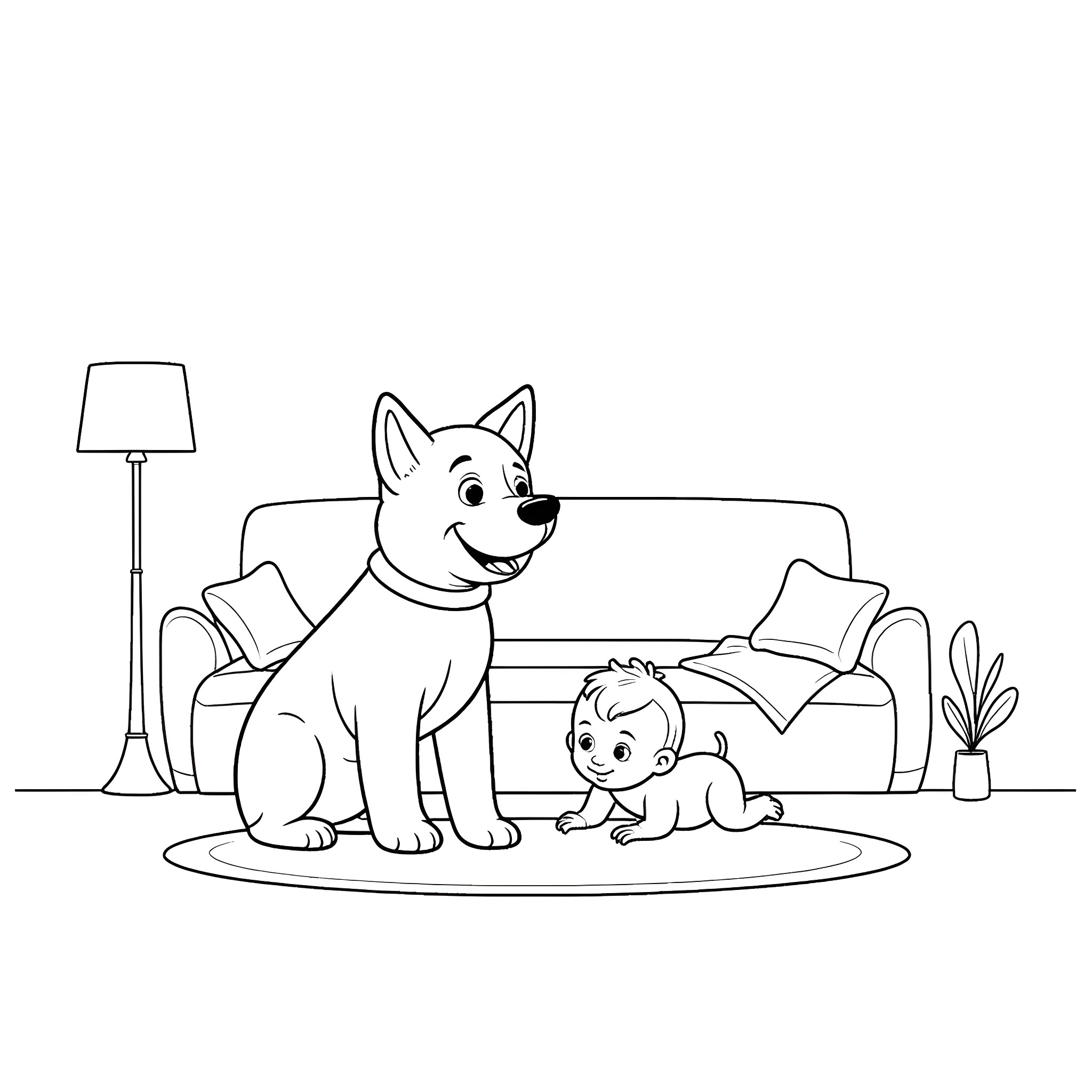 Dog and puppy playing together in the living room Coloring Page (free black-and-white line drawing printable PDF for all, from beginners to advanced learners, including children, teens, adults, and seniors)