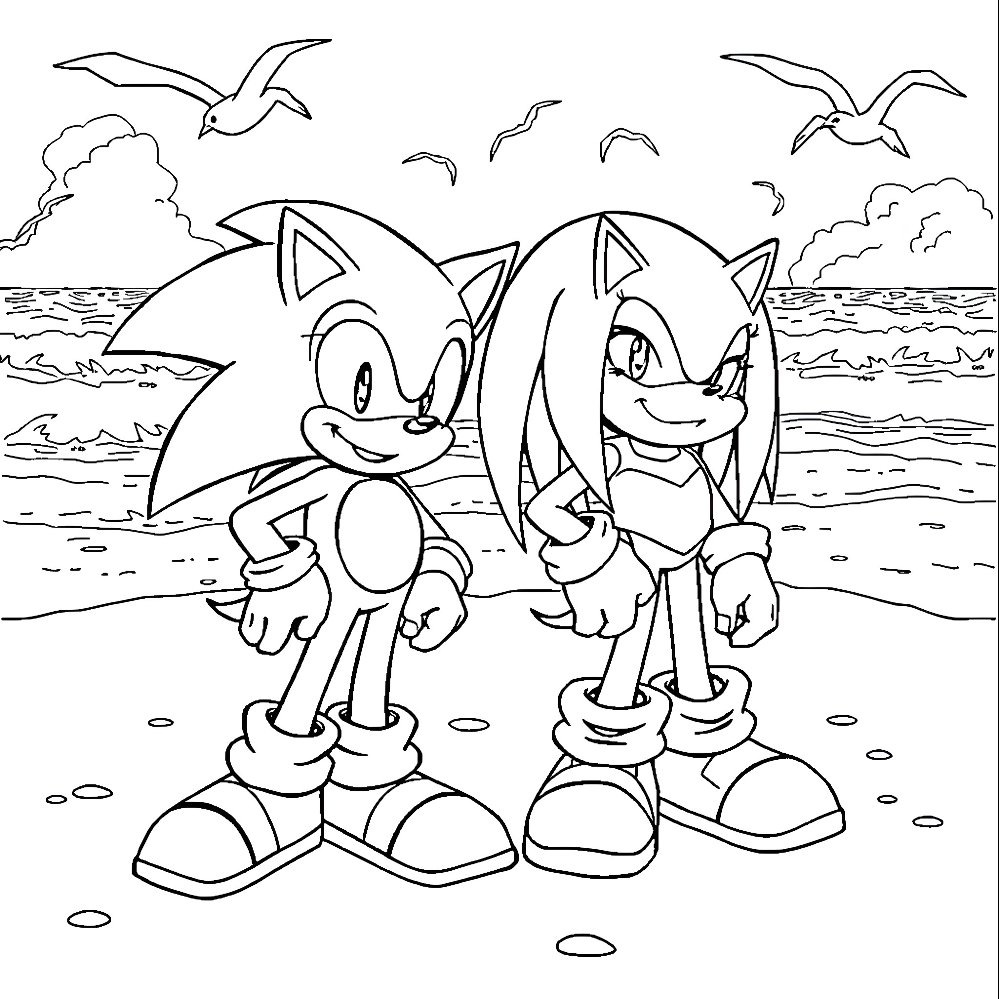 Sonic and Friends Exploring the Beach Coloring Page (free black-and-white line drawing printable PDF for all, from beginners to advanced learners, including children, teens, adults, and seniors)