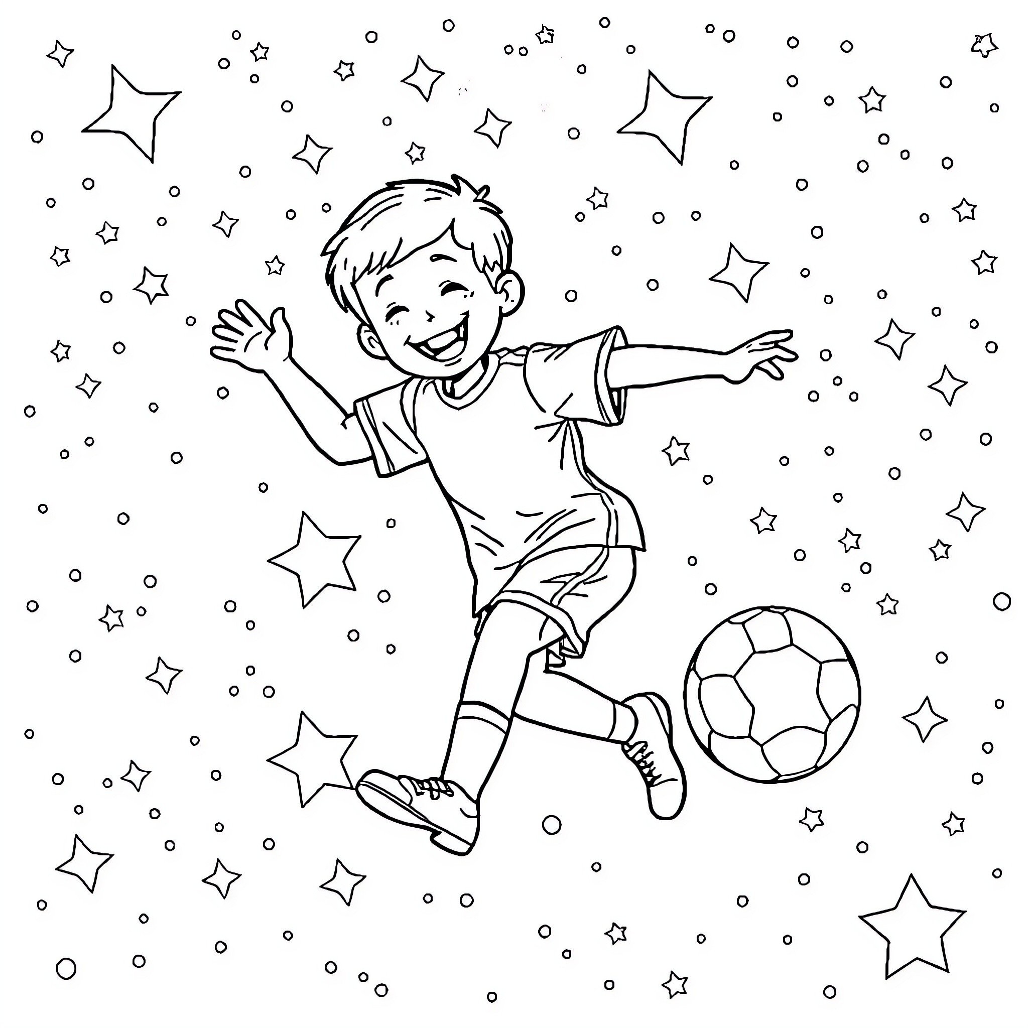 Kid playing joyfully with soccer ball and stars Coloring Page (free black-and-white line drawing printable PDF for all, from beginners to advanced learners, including children, teens, adults, and seniors)