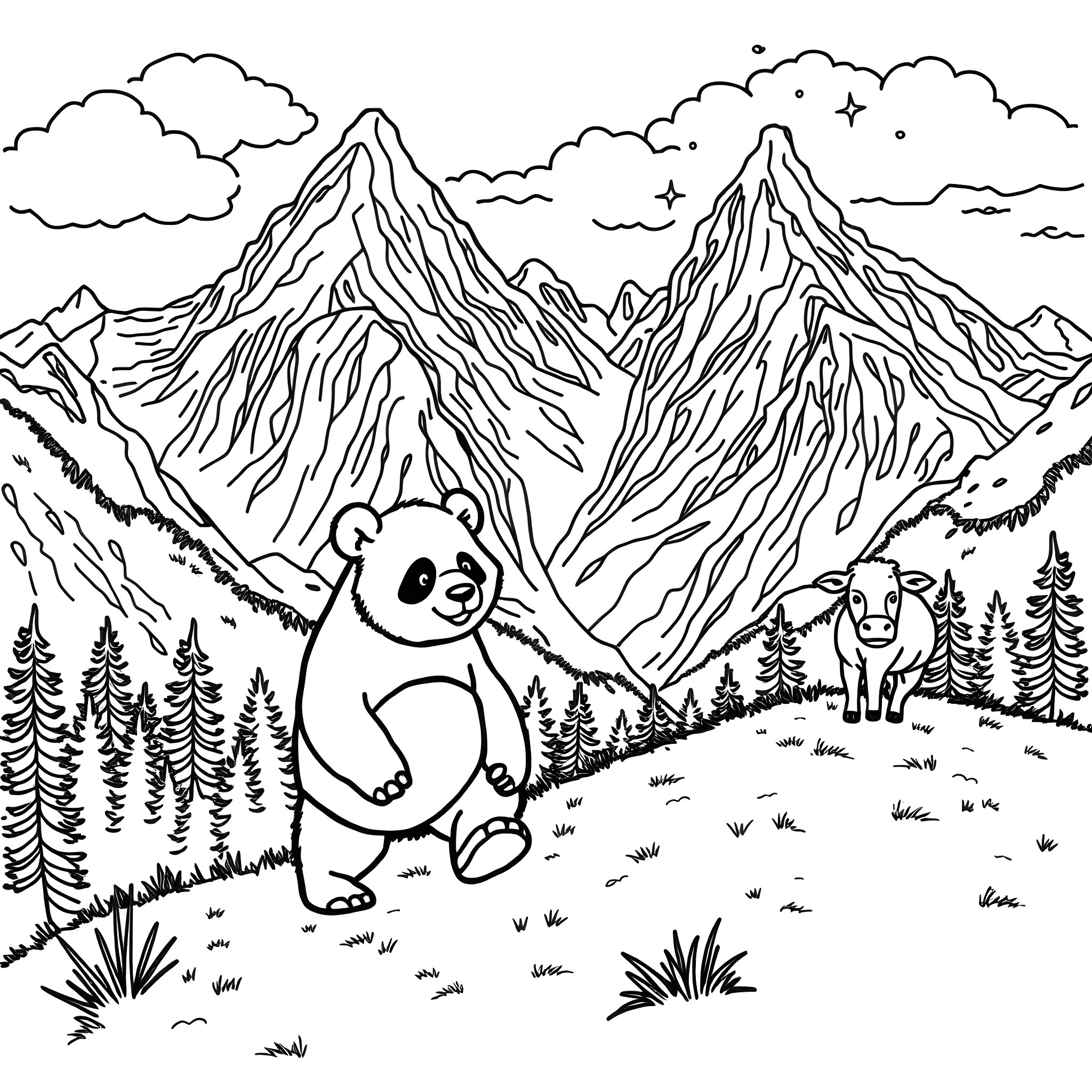Panda enjoying the mountain scenery Coloring Page (free black-and-white line drawing printable PDF for all, from beginners to advanced learners, including children, teens, adults, and seniors)