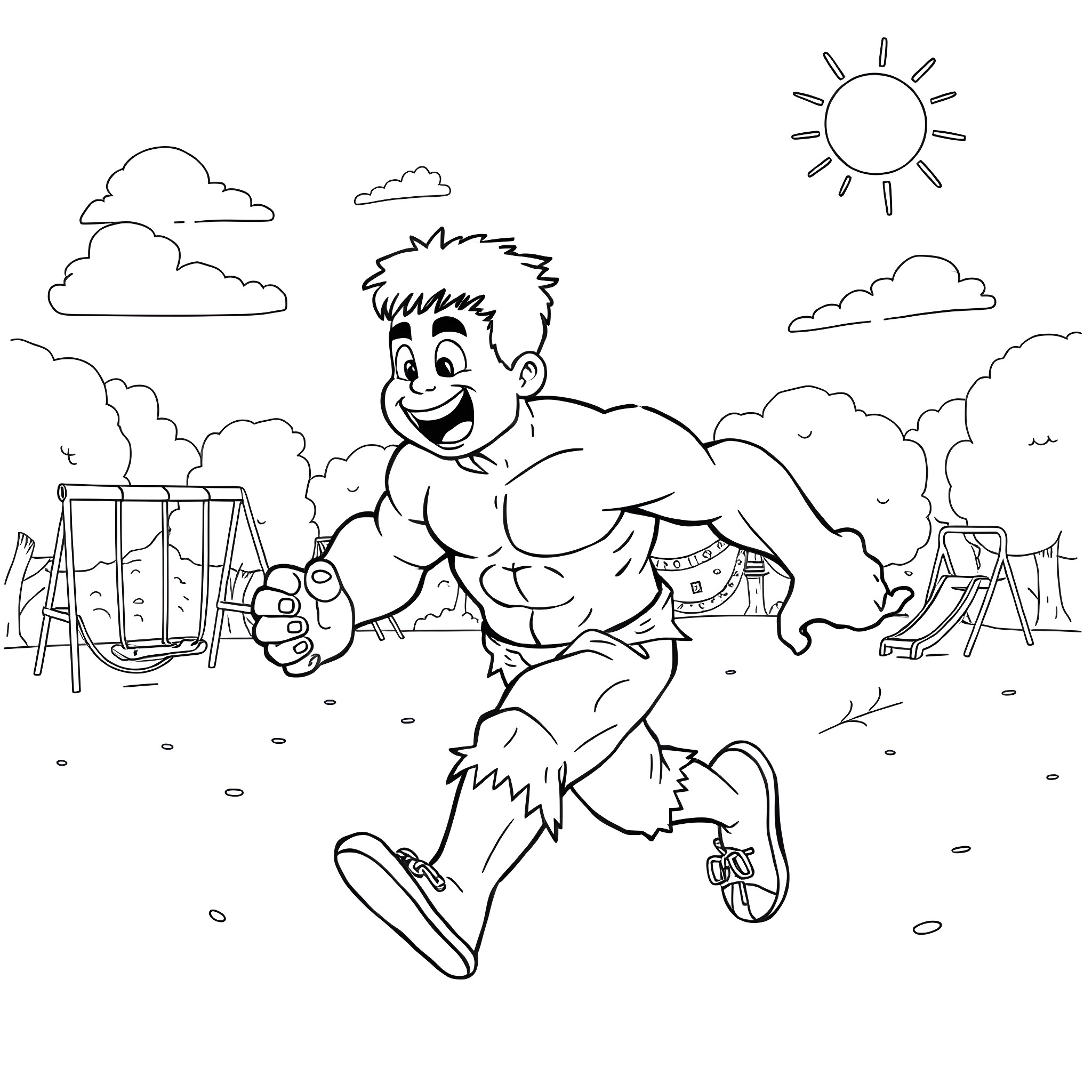 Bluey playing happily in the park Coloring Page (free black-and-white line drawing printable PDF for all, from beginners to advanced learners, including children, teens, adults, and seniors)