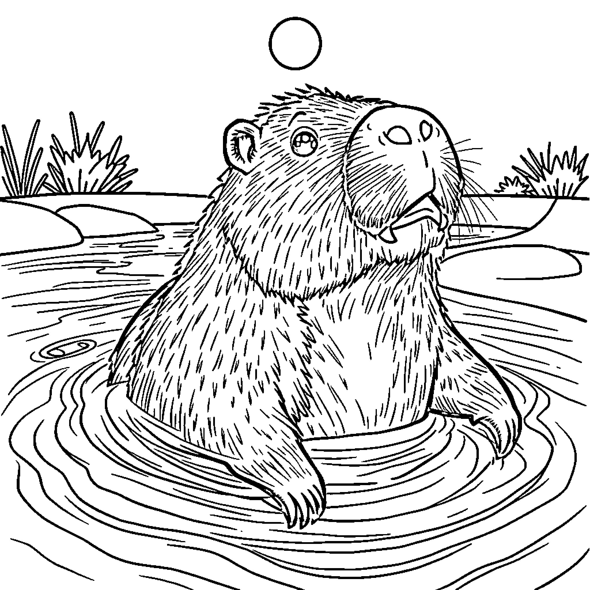 Capybara relaxing in the water Coloring Page (free black-and-white line drawing printable PDF for all, from beginners to advanced learners, including children, teens, adults, and seniors)