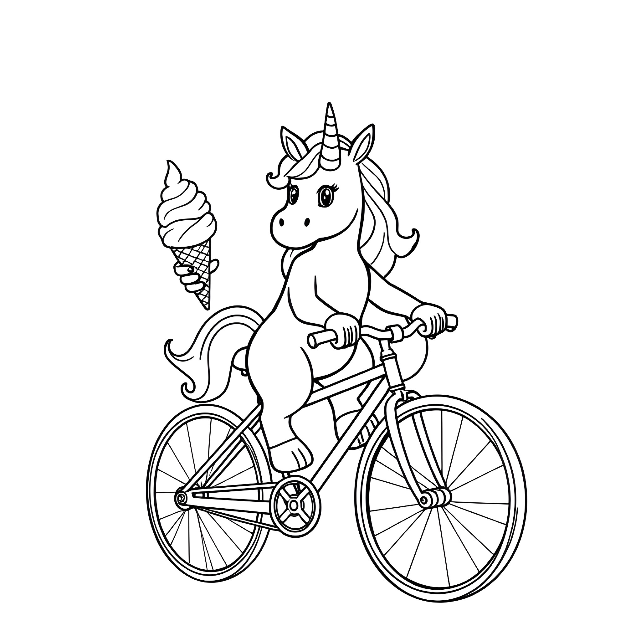 Unicorn riding a bicycle and holding an ice cream cone Coloring Page (free black-and-white line drawing printable PDF for all, from beginners to advanced learners, including children, teens, adults, and seniors)