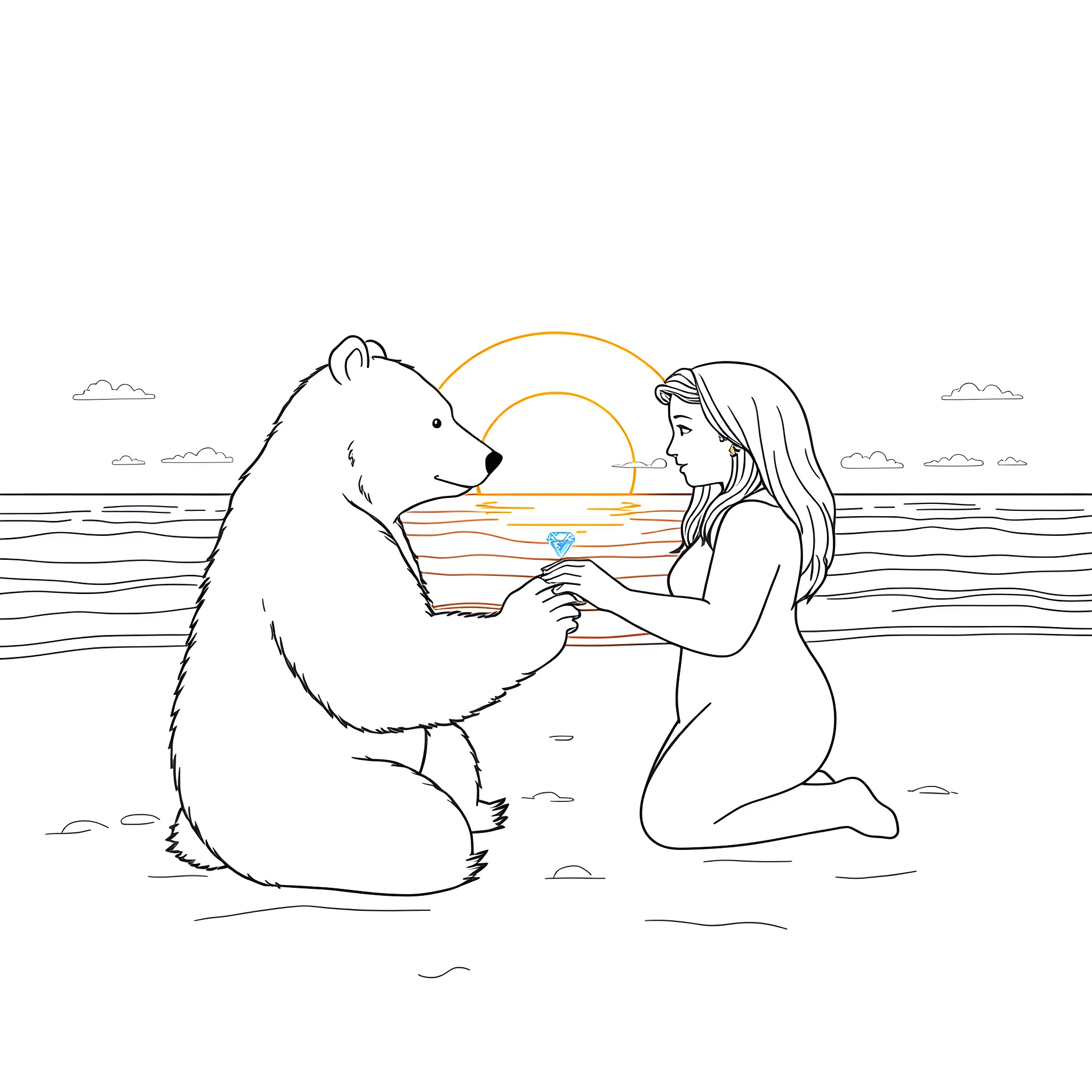 Bear and woman sharing a moment at the beach Coloring Page (free black-and-white line drawing printable PDF for all, from beginners to advanced learners, including children, teens, adults, and seniors)