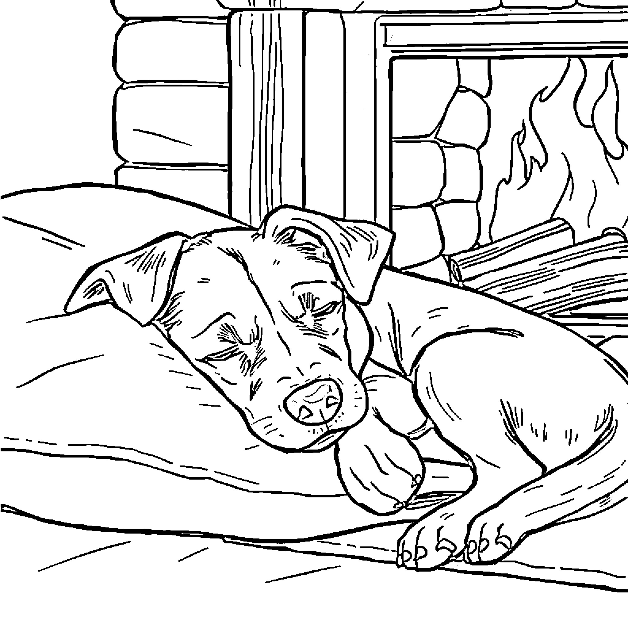 Mutt resting peacefully by the fireplace Coloring Page (free black-and-white line drawing printable PDF for all, from beginners to advanced learners, including children, teens, adults, and seniors)