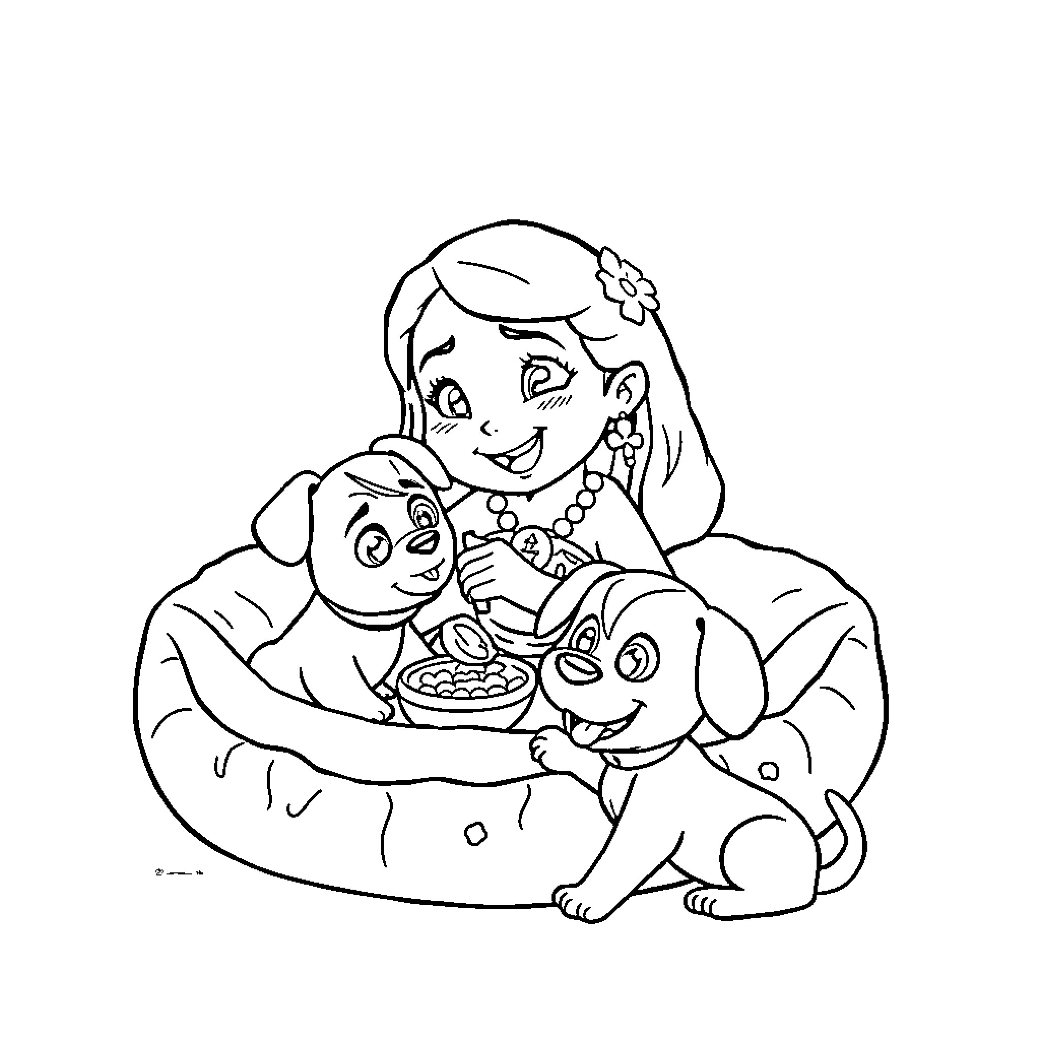 Moana sharing food with her animal friends Coloring Page (free black-and-white line drawing printable PDF for all, from beginners to advanced learners, including children, teens, adults, and seniors)